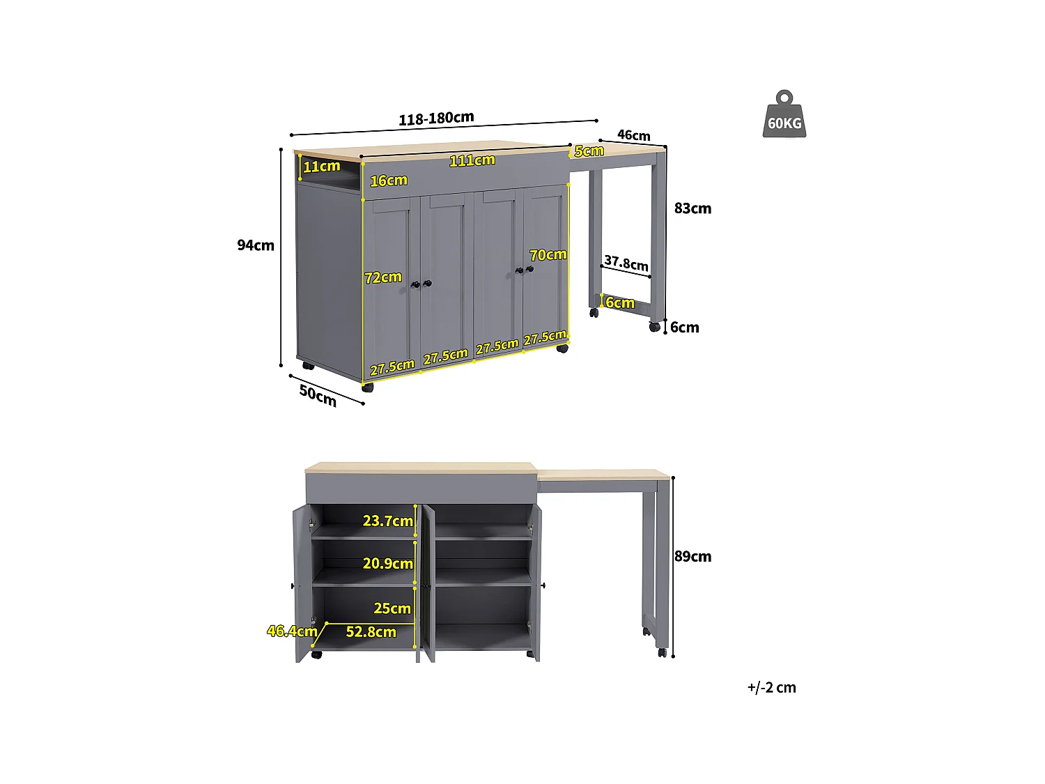 Uitschuifbare bartafel met opbergruimte, MDF en metaal, grijs (118-180x50x94 cm)