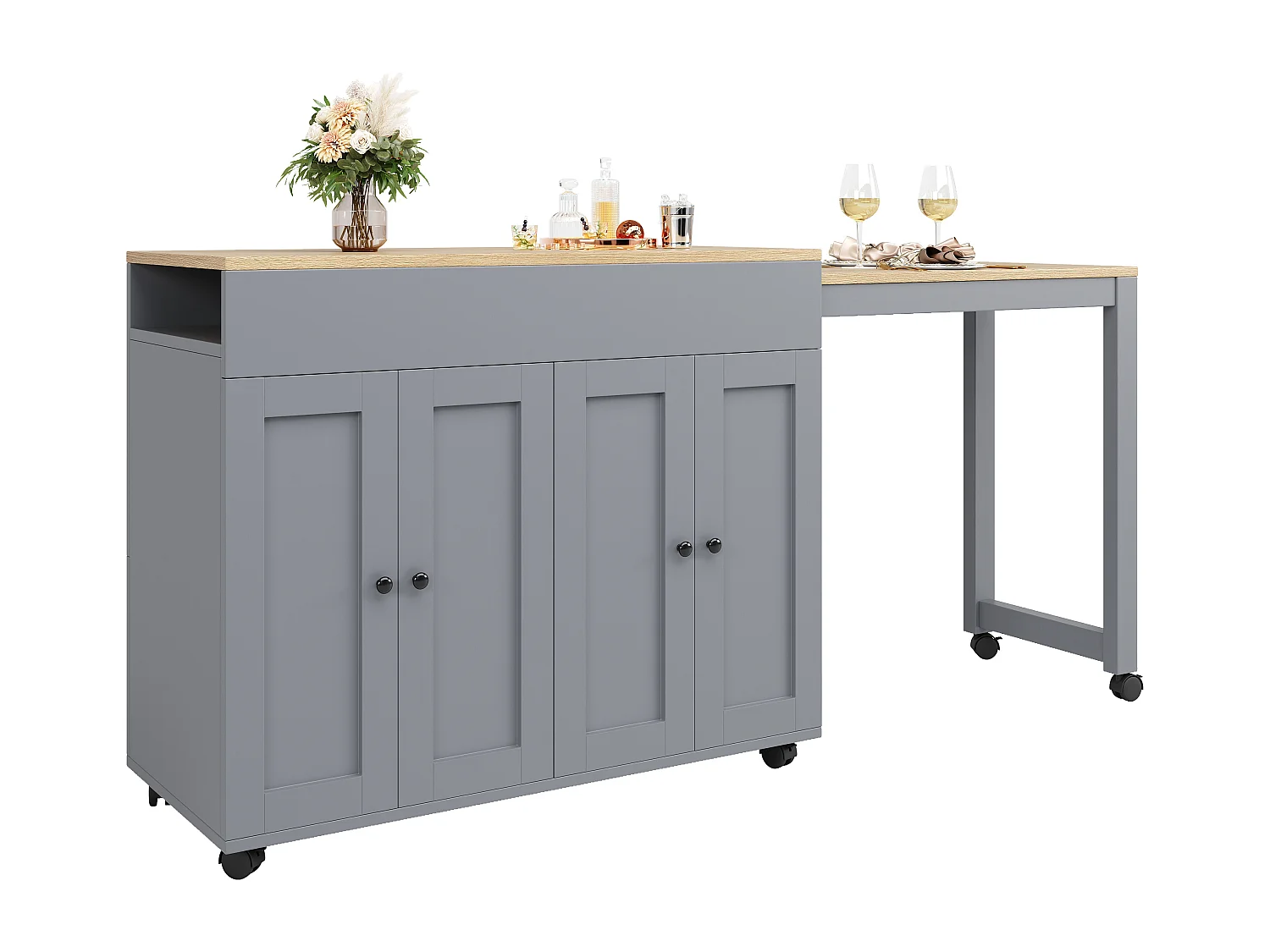 Table de bar extensible avec rangements, MDF et métal, gris (118-180x50x94 cm)