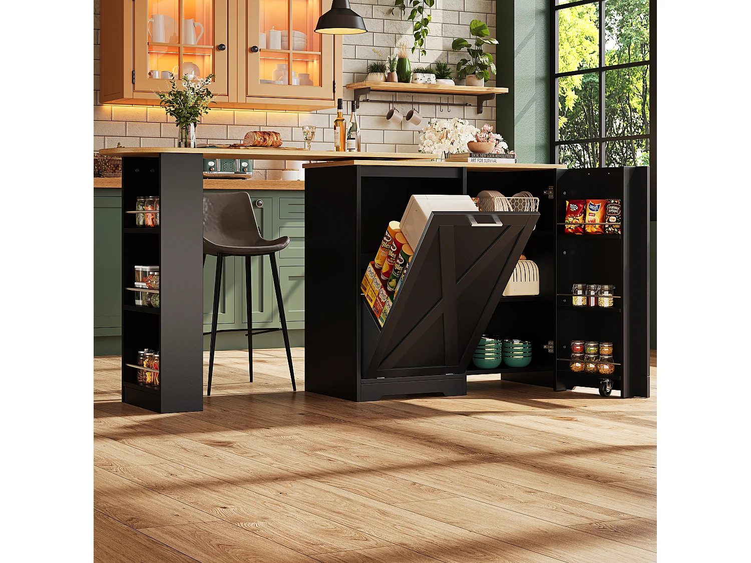 Table de bar rotative 360° moderne, avec rangement multifonction, MDF, noir (138x38x105.5 cm)