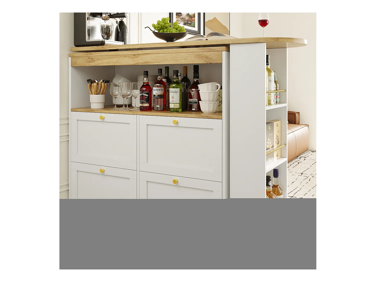 Table haute 360° pivotante, avec 4 tiroirs et étagères ouvertes, design moderne, MDF, blanc (105x39x102 cm)