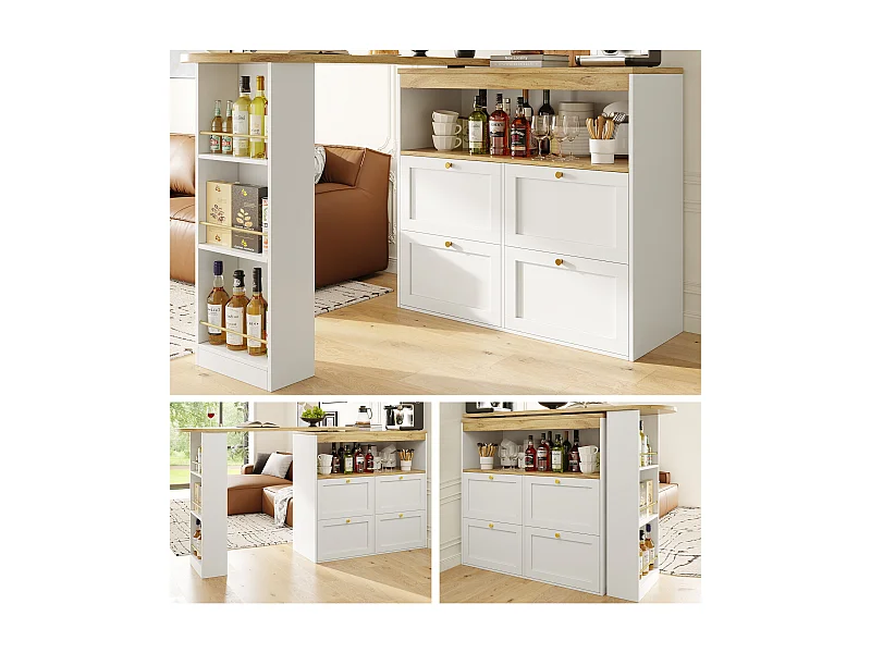 Table haute 360° pivotante, avec 4 tiroirs et étagères ouvertes, design moderne, MDF, blanc (105x39x102 cm)