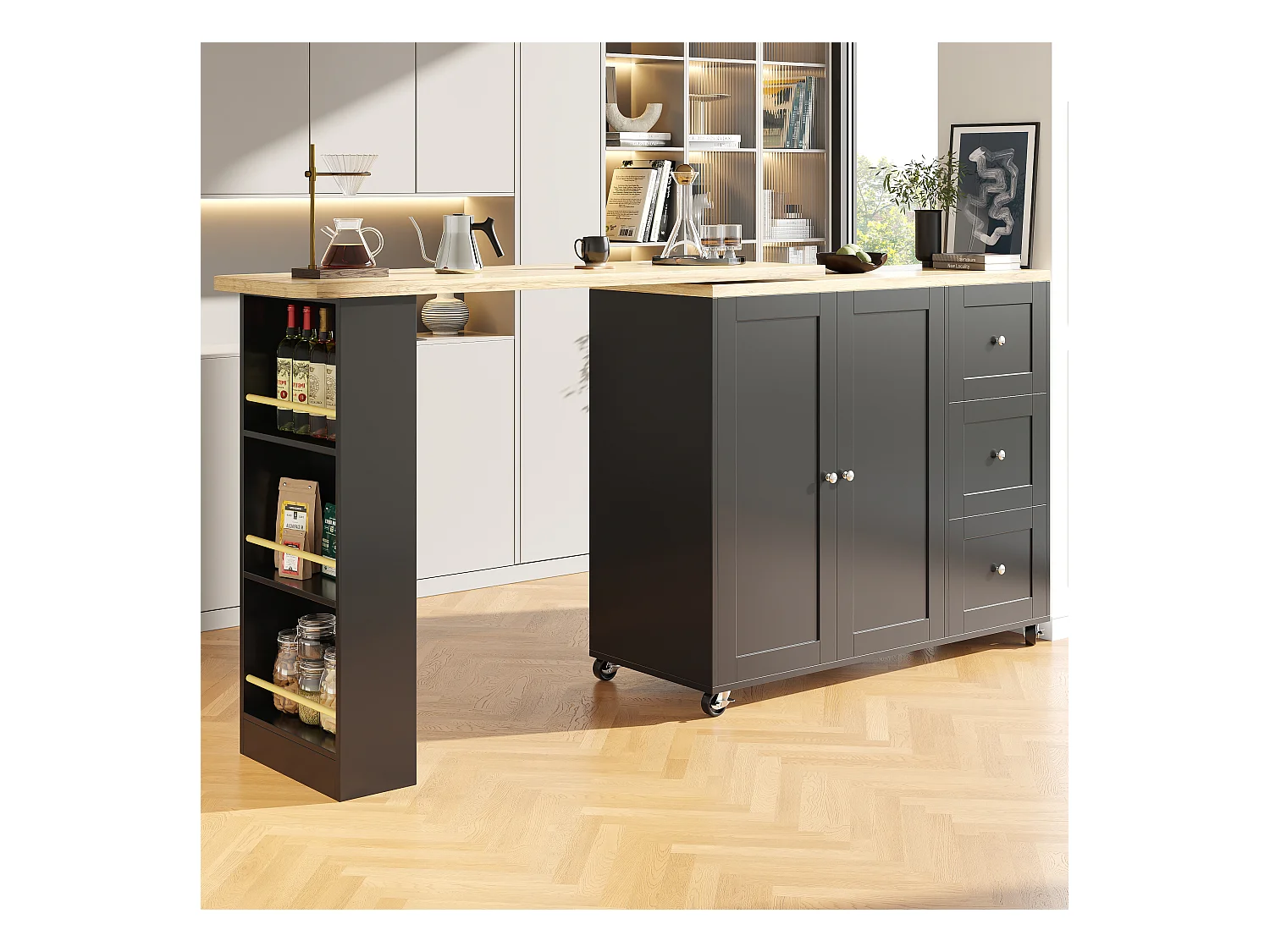 Table Basse Pivotante 360° avec 3 Tiroirs, Design Moderne, MDF, Noir (135-203x39x106 cm)