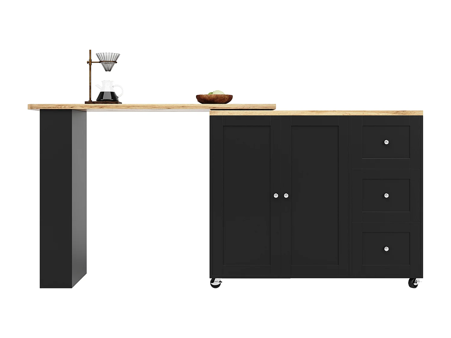 Table Basse Pivotante 360° avec 3 Tiroirs, Design Moderne, MDF, Noir (135-203x39x106 cm)