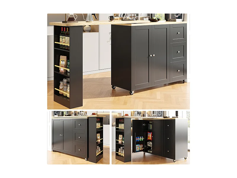 Table Basse Pivotante 360° avec 3 Tiroirs, Design Moderne, MDF, Noir (135-203x39x106 cm)