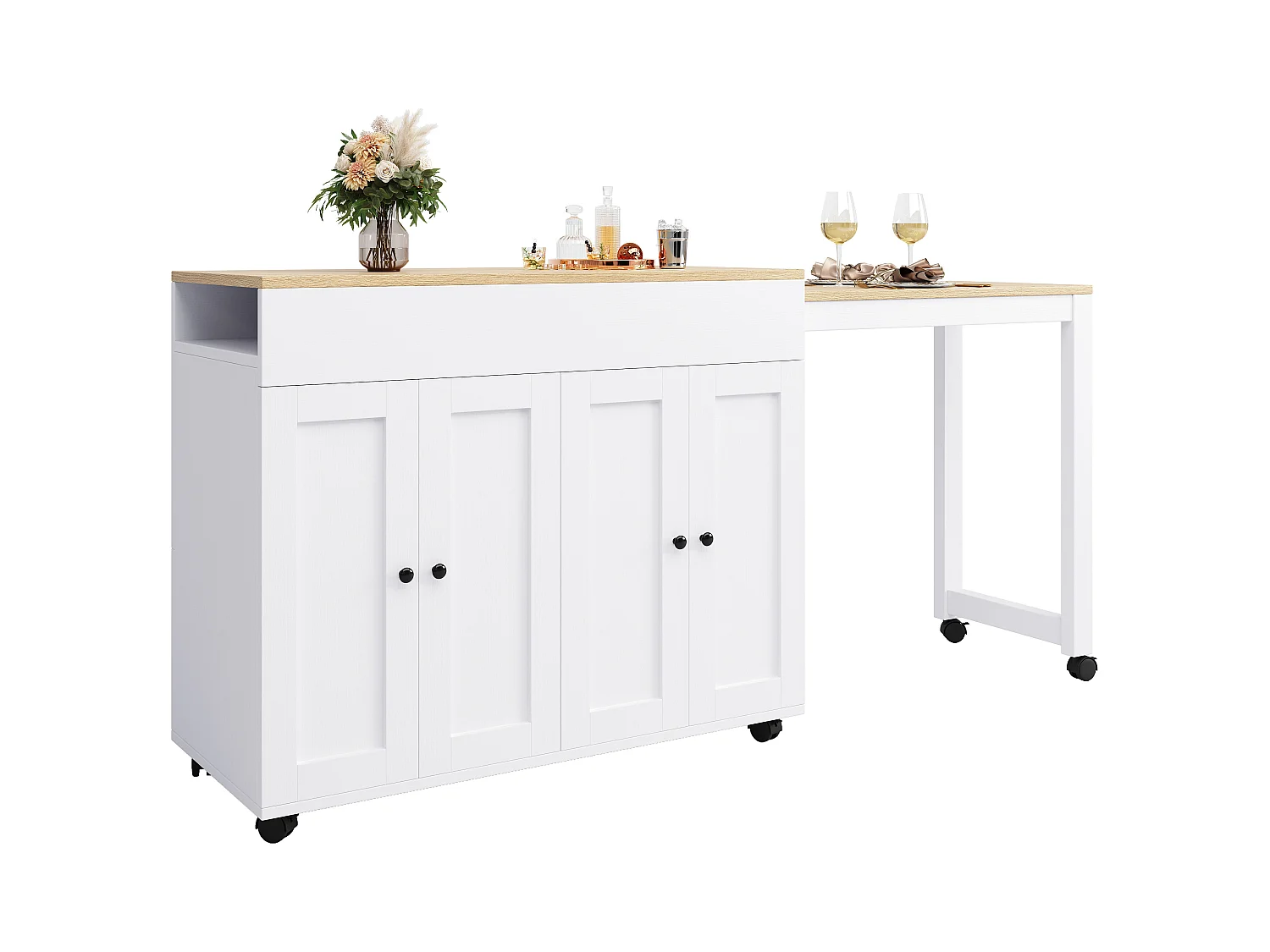 Table extensible avec rangements, MDF et métal, design moderne, blanc (133-202x50x94 cm)