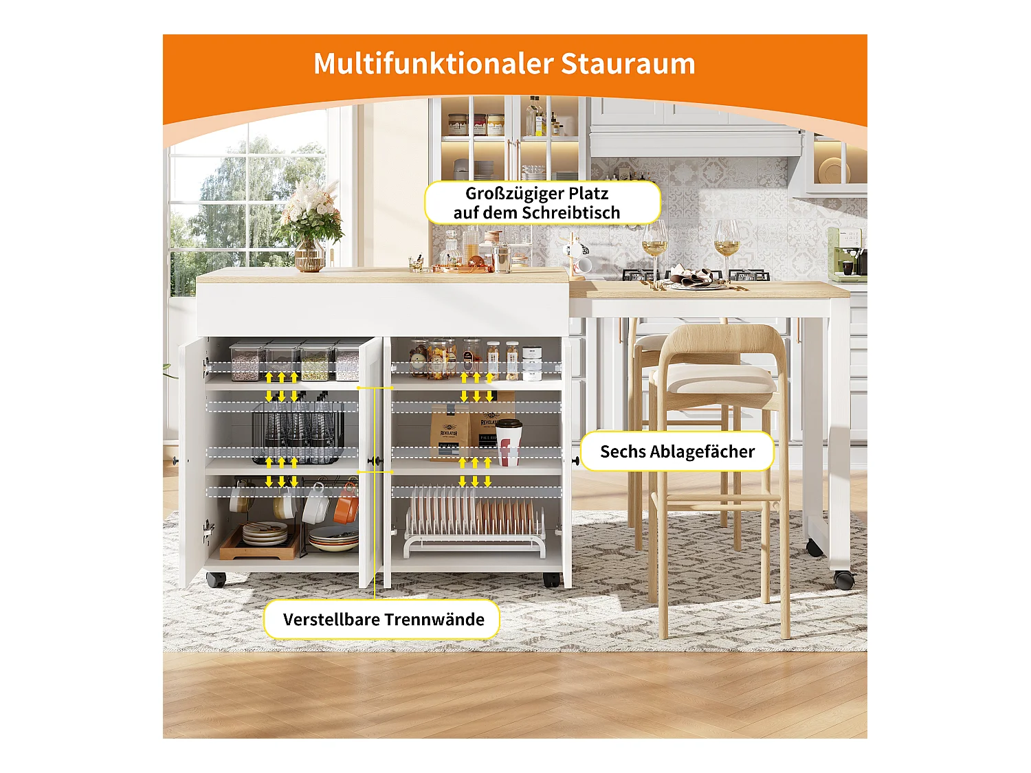 Table extensible avec rangements, MDF et métal, design moderne, blanc (133-202x50x94 cm)