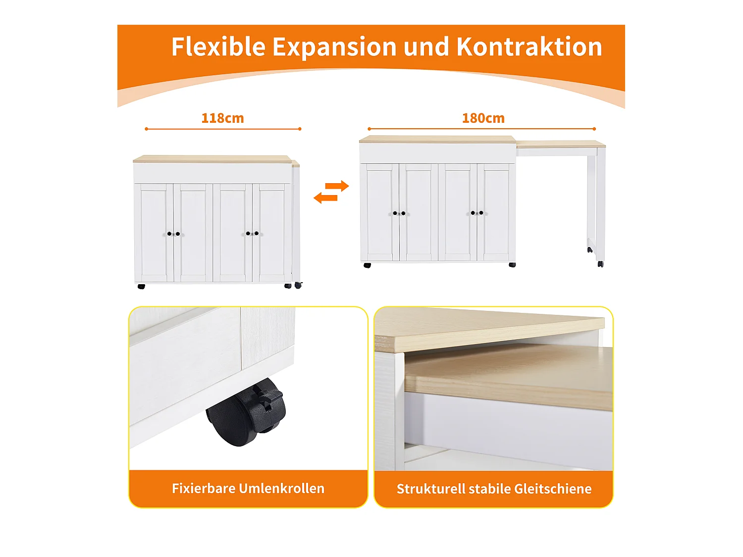 Table extensible avec rangements, MDF et métal, design moderne, blanc (133-202x50x94 cm)