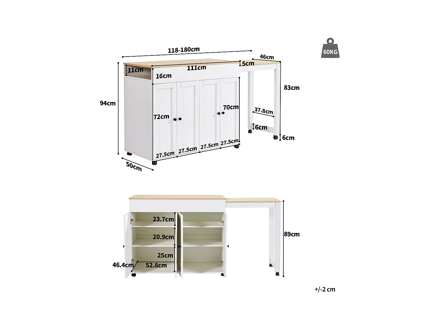 Table extensible avec rangements, MDF et métal, design moderne, blanc (133-202x50x94 cm)