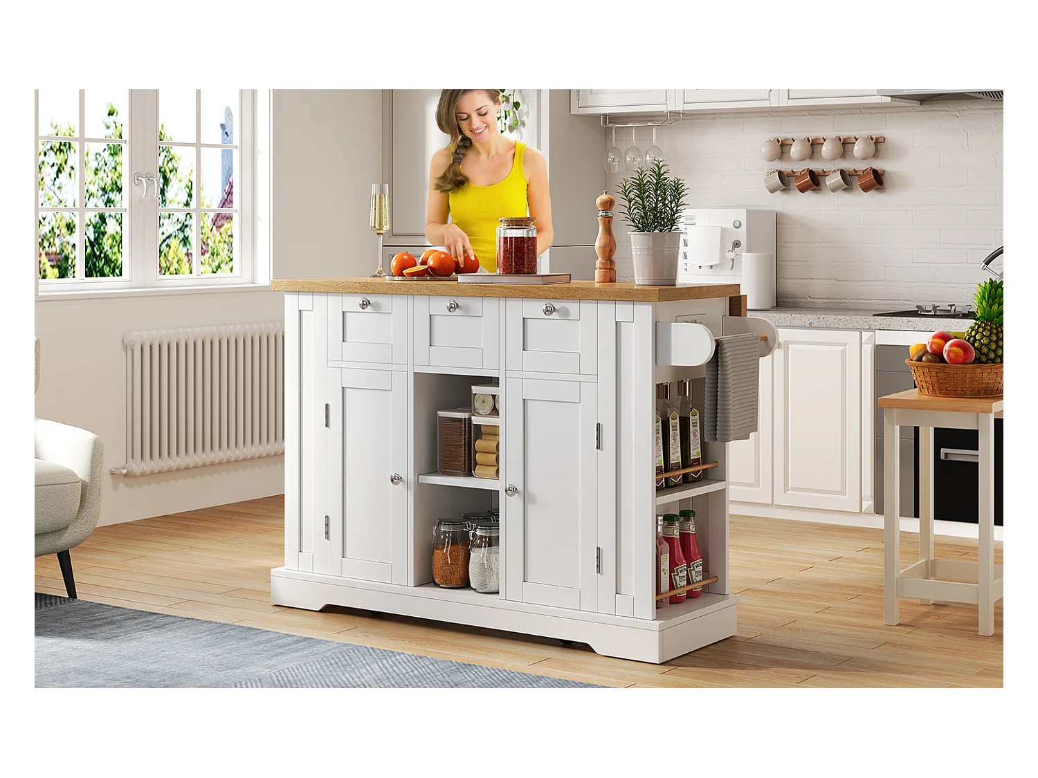 Table de cuisine mobile avec surface rabattable, style campagne, avec rangement multifonction, étagères à épices et prise intégrée (132x70x87 cm)