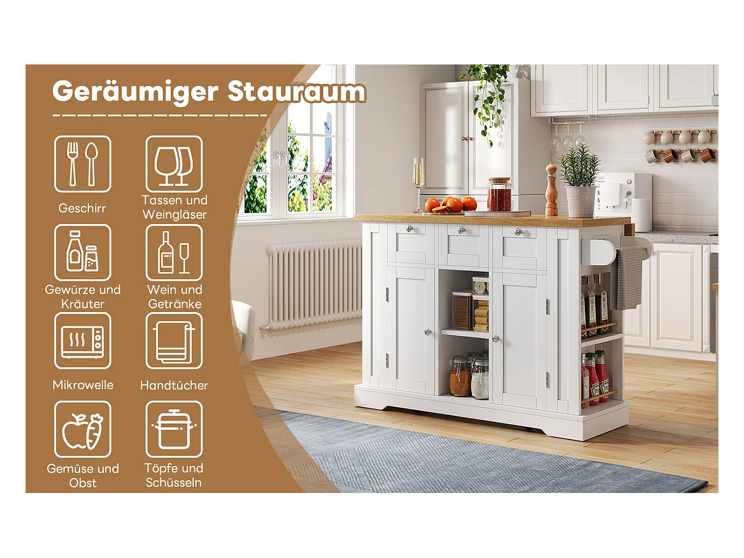 Table de cuisine mobile avec surface rabattable, style campagne, avec rangement multifonction, étagères à épices et prise intégrée (132x70x87 cm)