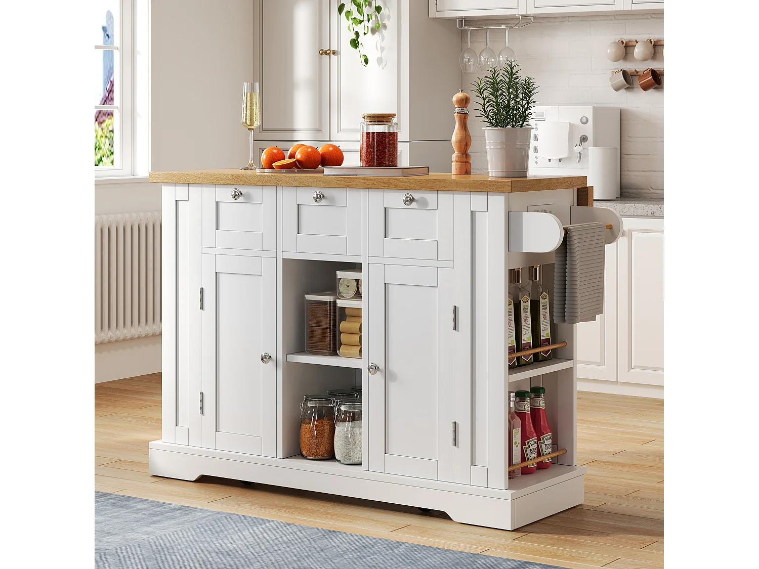 Table de cuisine mobile avec surface rabattable, style campagne, avec rangement multifonction, étagères à épices et prise intégrée (132x70x87 cm)