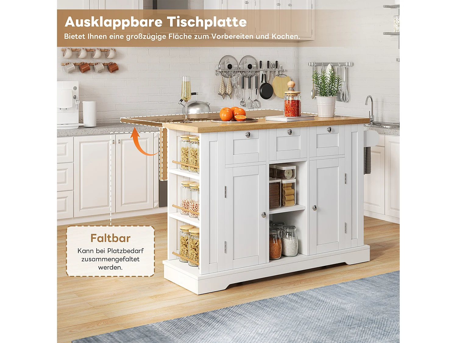 Table de cuisine mobile avec surface rabattable, style campagne, avec rangement multifonction, étagères à épices et prise intégrée (132x70x87 cm)