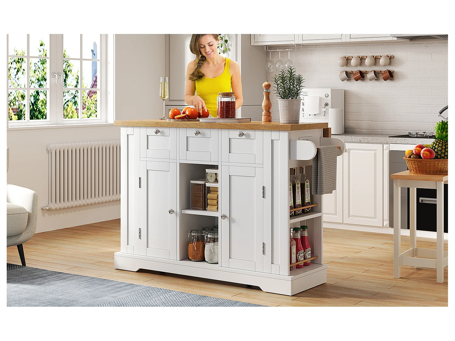 Table de cuisine mobile avec surface rabattable, style campagne, avec rangement multifonction, étagères à épices et prise intégrée (132x70x87 cm)