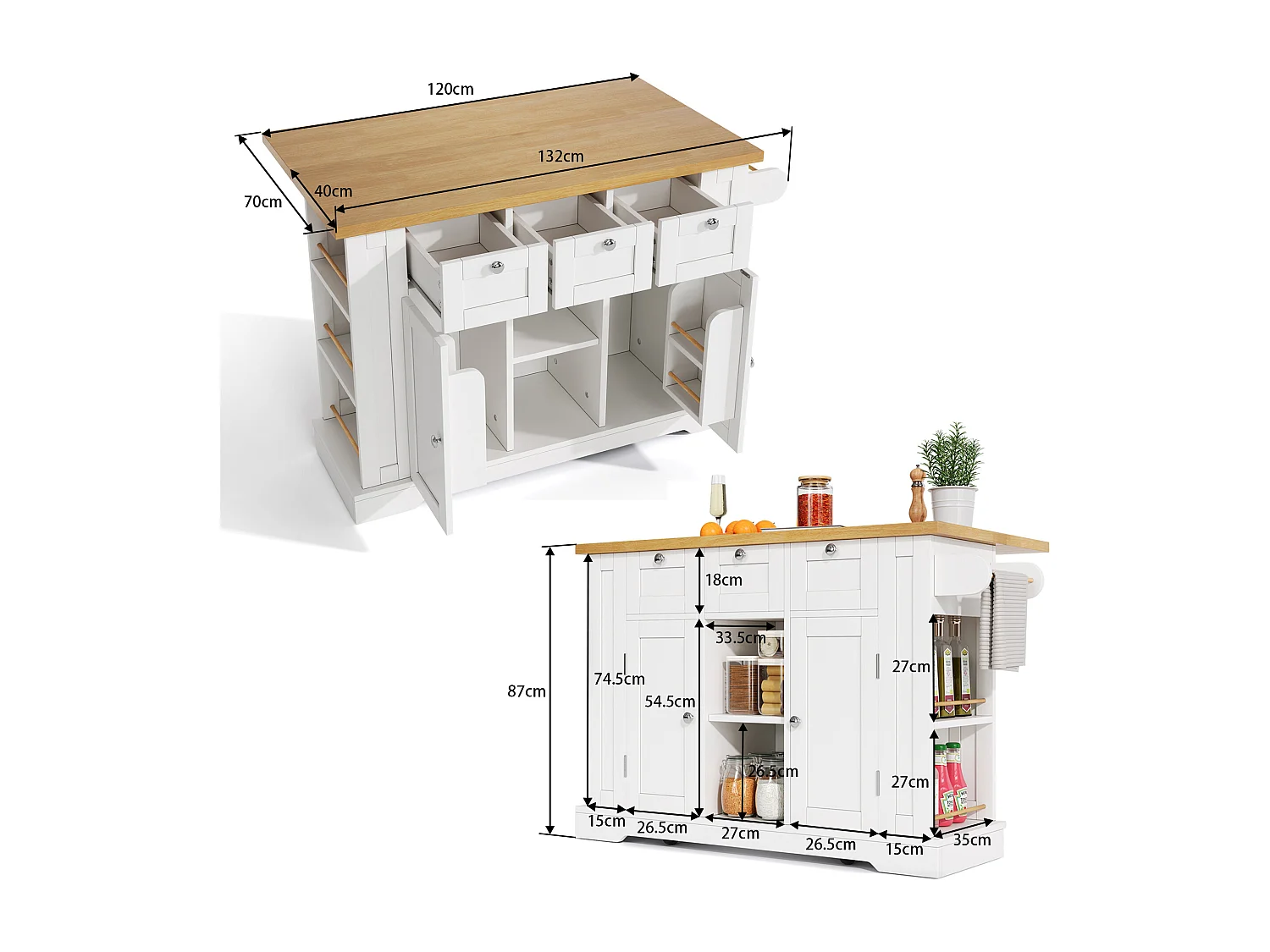 Table de cuisine mobile avec surface rabattable, style campagne, avec rangement multifonction, étagères à épices et prise intégrée (132x70x87 cm)