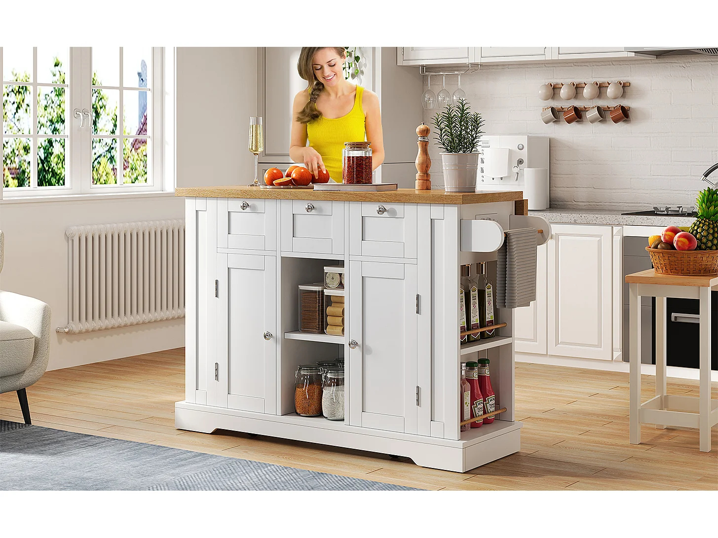 Table de cuisine mobile avec surface rabattable, style campagne, avec rangement multifonction, étagères à épices et prise intégrée (132x70x87 cm)