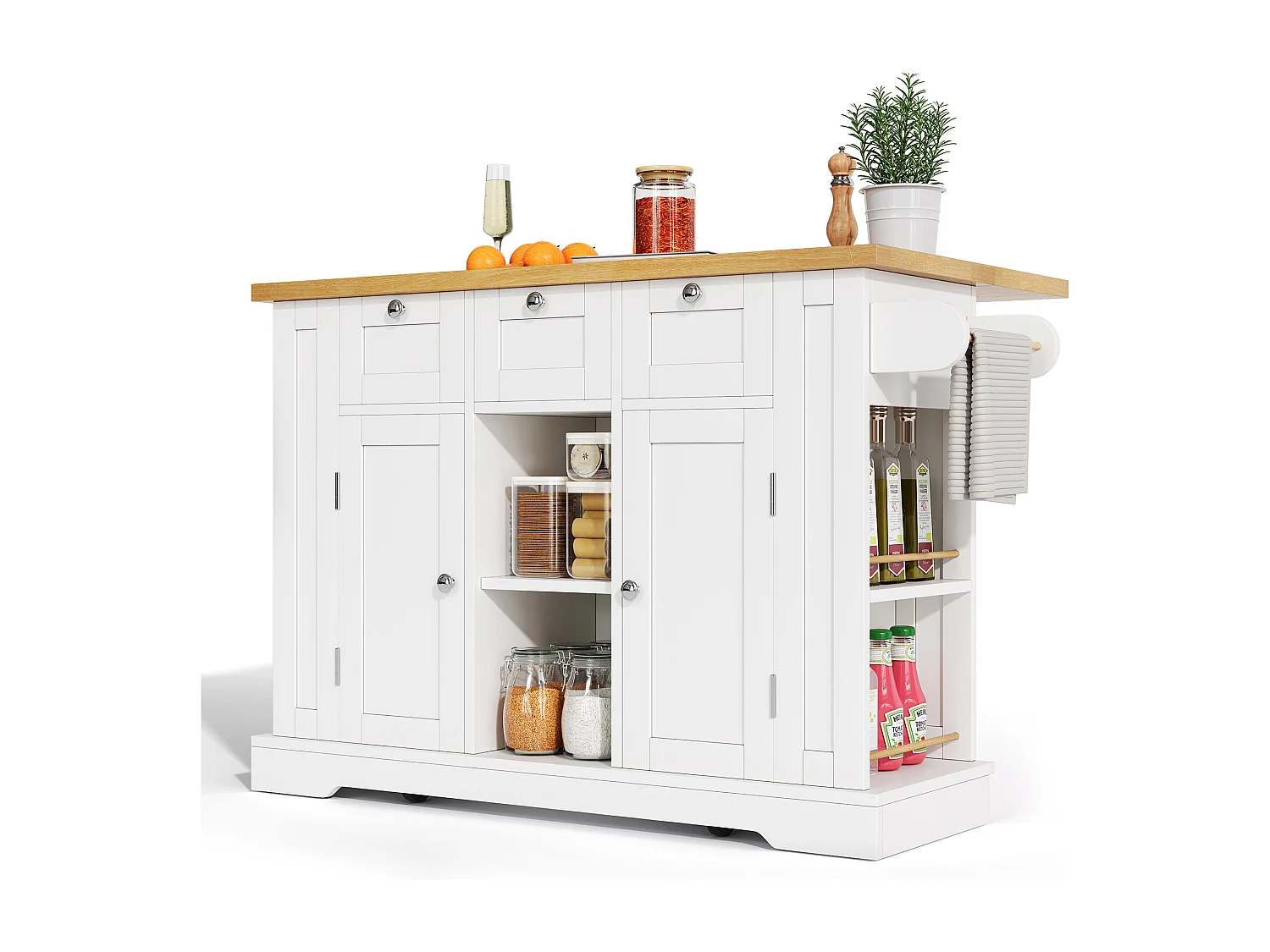 Table de cuisine mobile avec surface rabattable, style campagne, avec rangement multifonction, étagères à épices et prise intégrée (132x70x87 cm)