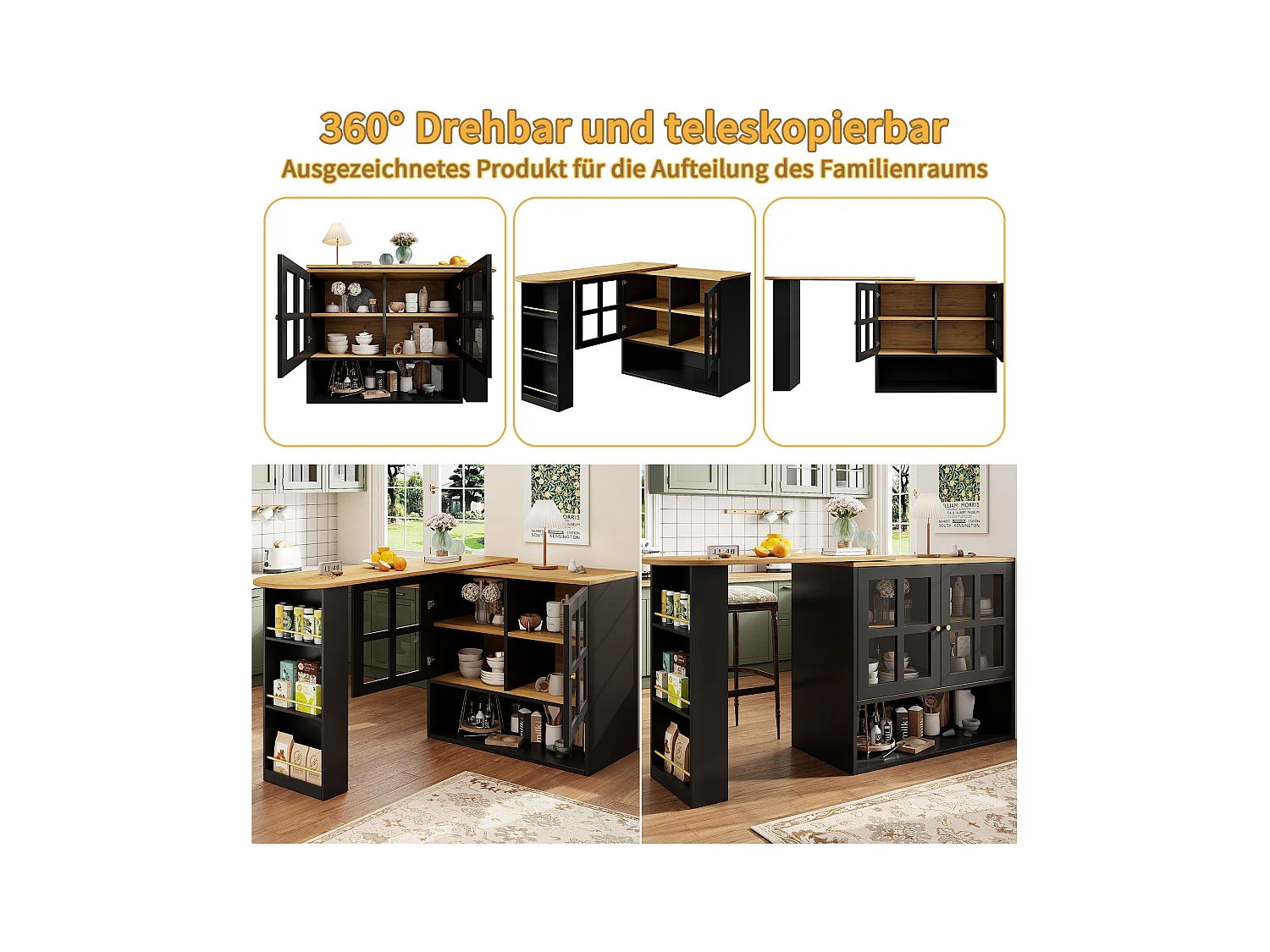Buffet tournant 360°, design moderne multifonction avec snack-bar, MDF, noir (138x39x102.5cm)