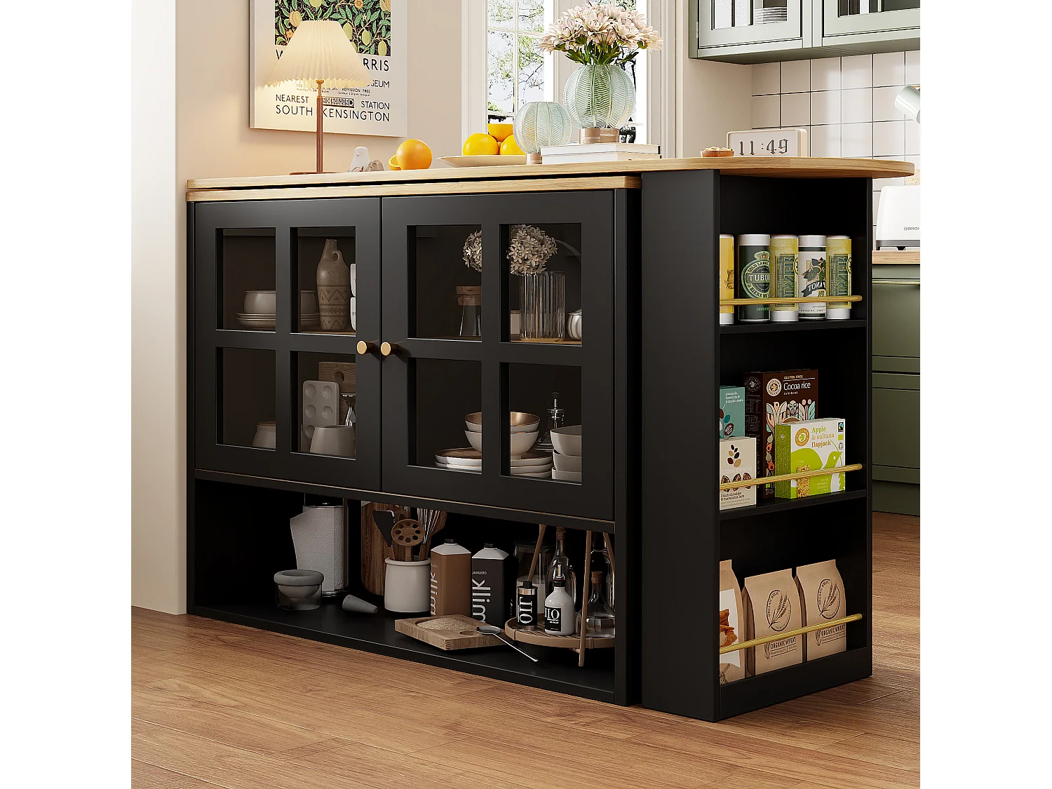 Buffet tournant 360°, design moderne multifonction avec snack-bar, MDF, noir (138x39x102.5cm)