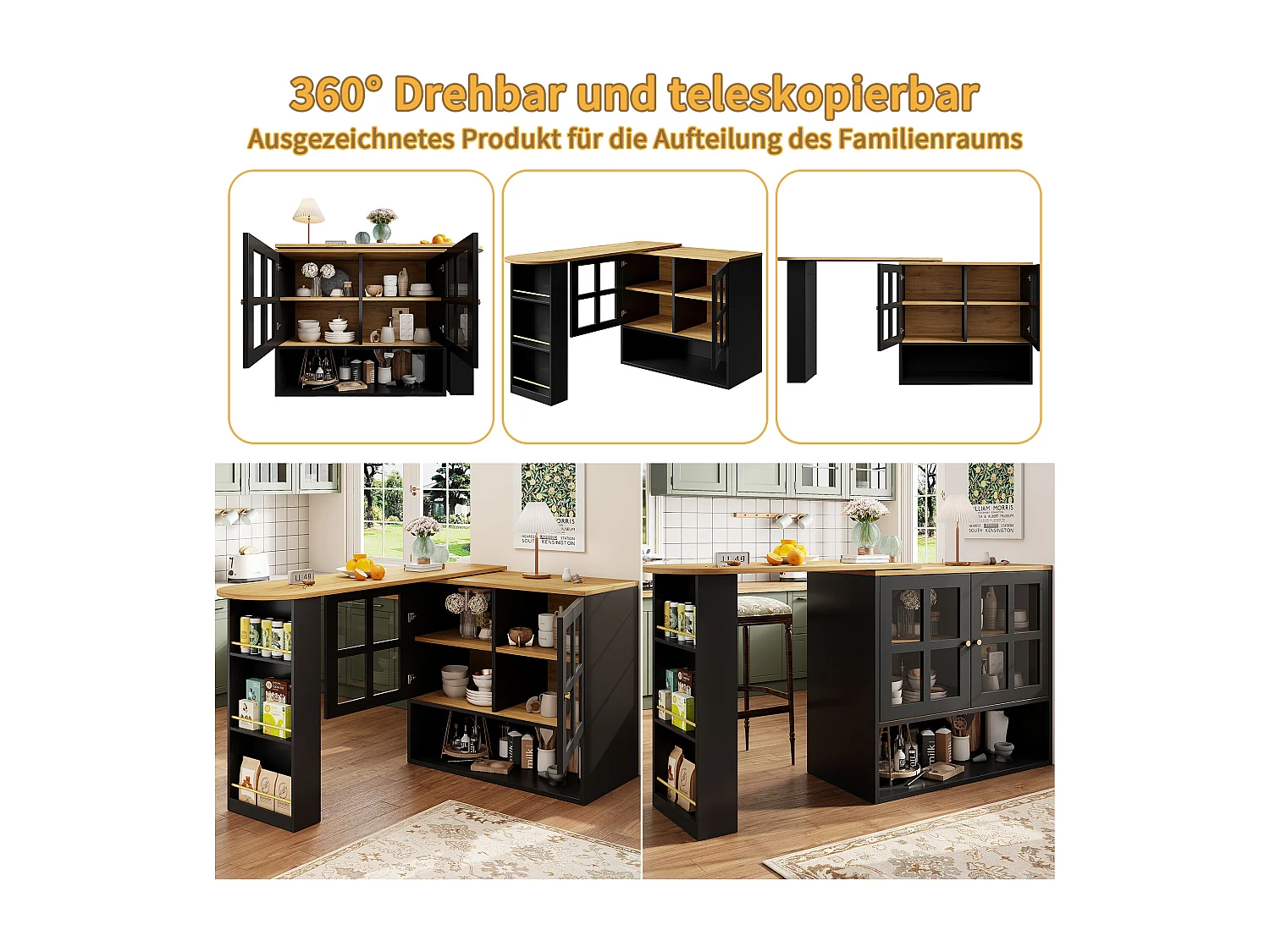 Buffet tournant 360°, design moderne multifonction avec snack-bar, MDF, noir (138x39x102.5cm)