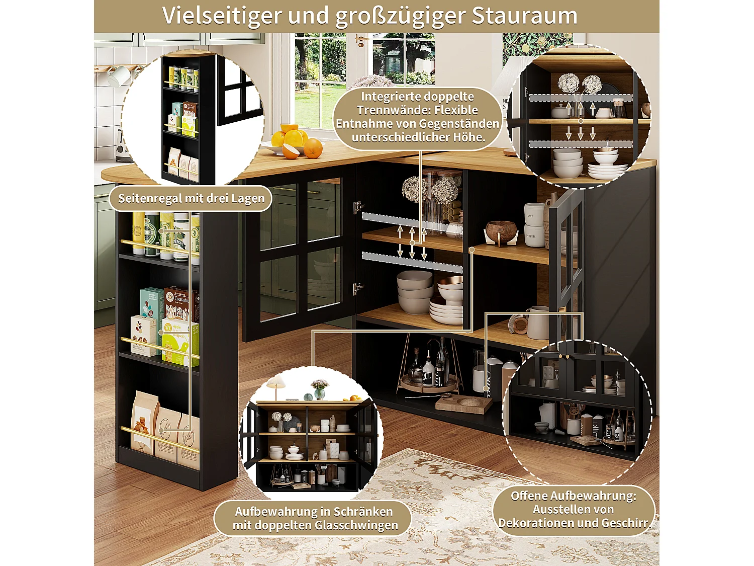 Buffet tournant 360°, design moderne multifonction avec snack-bar, MDF, noir (138x39x102.5cm)