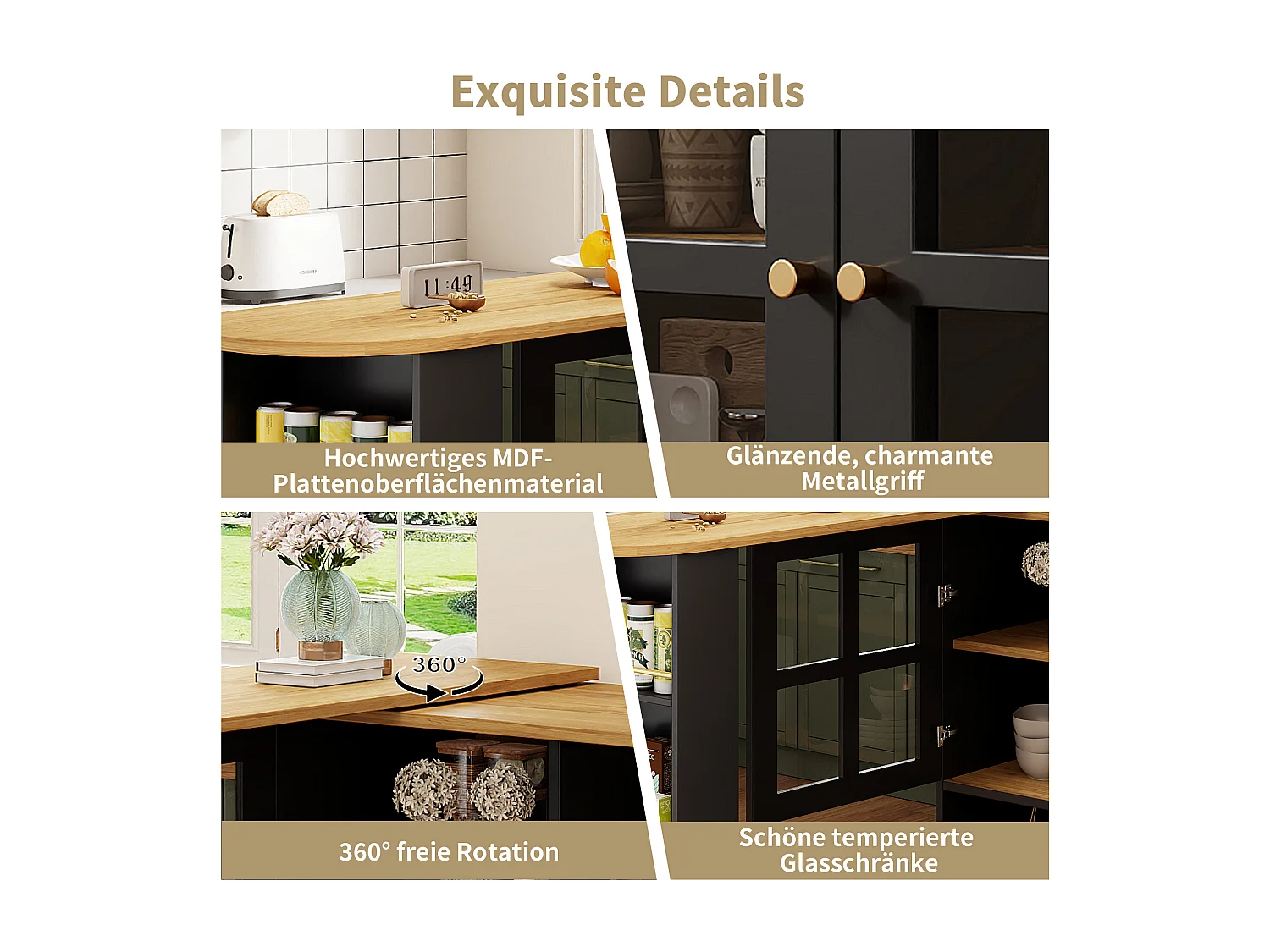 Buffet tournant 360°, design moderne multifonction avec snack-bar, MDF, noir (138x39x102.5cm)