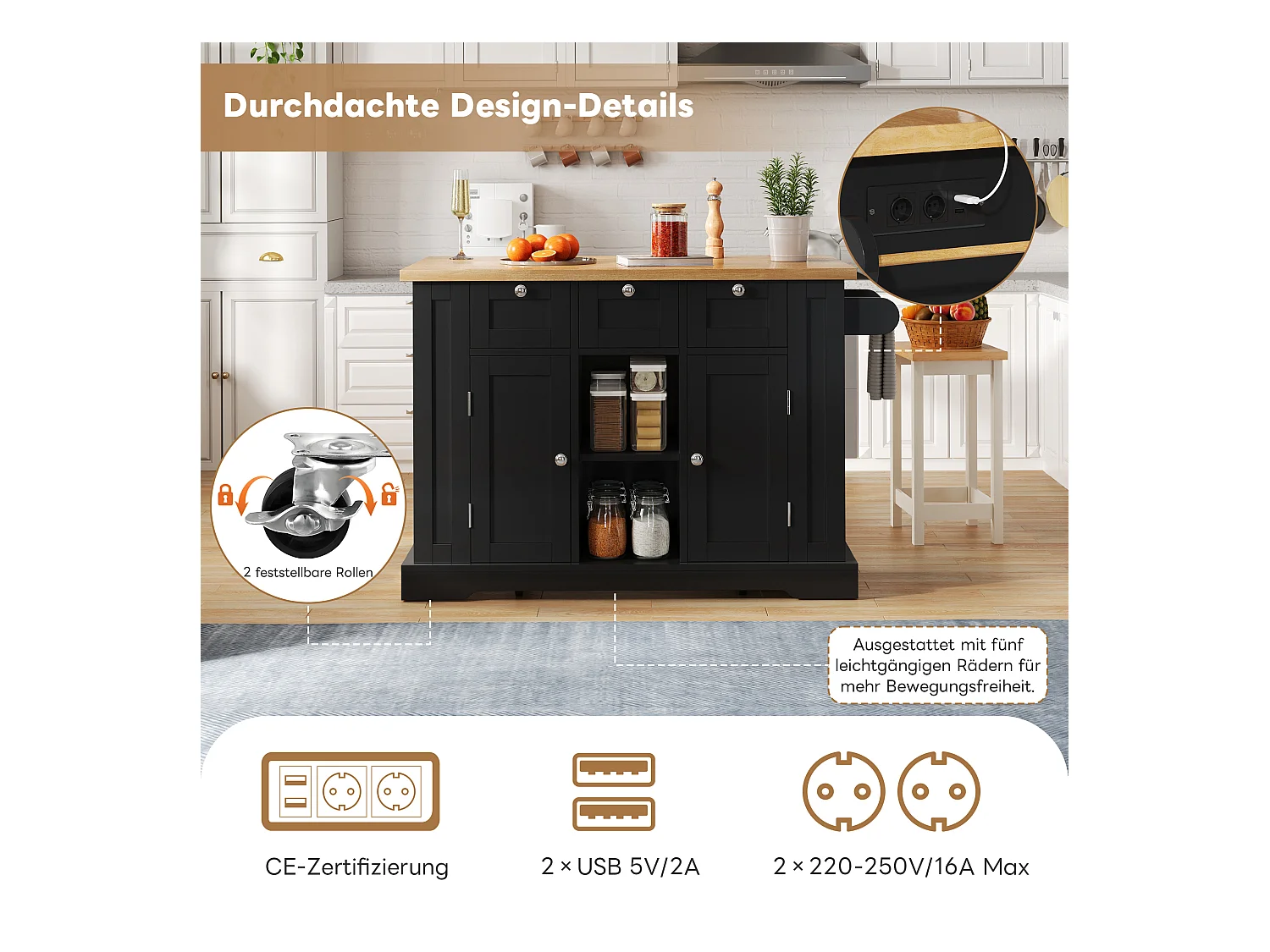 Table cuisine mobile, style campagne, surface rabattable, rangement multifonction, étagères, roulettes (132x70x87 cm)