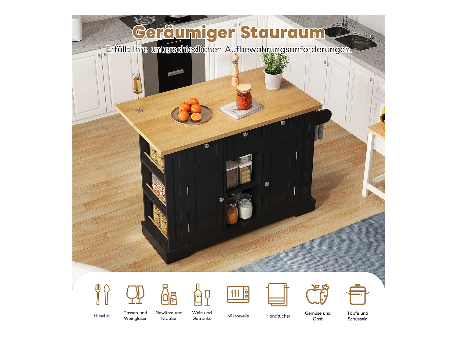 Table cuisine mobile, style campagne, surface rabattable, rangement multifonction, étagères, roulettes (132x70x87 cm)