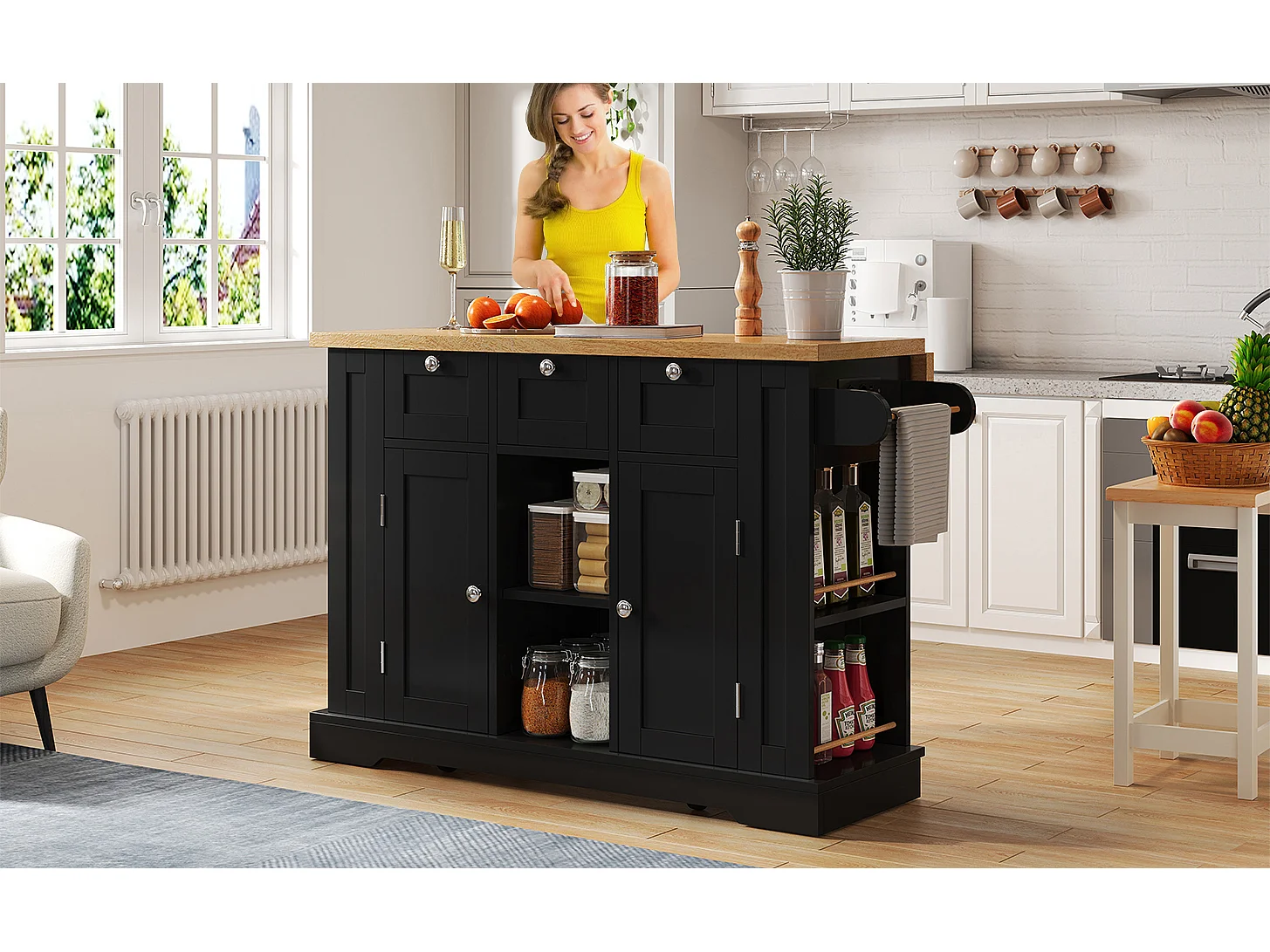 Table cuisine mobile, style campagne, surface rabattable, rangement multifonction, étagères, roulettes (132x70x87 cm)