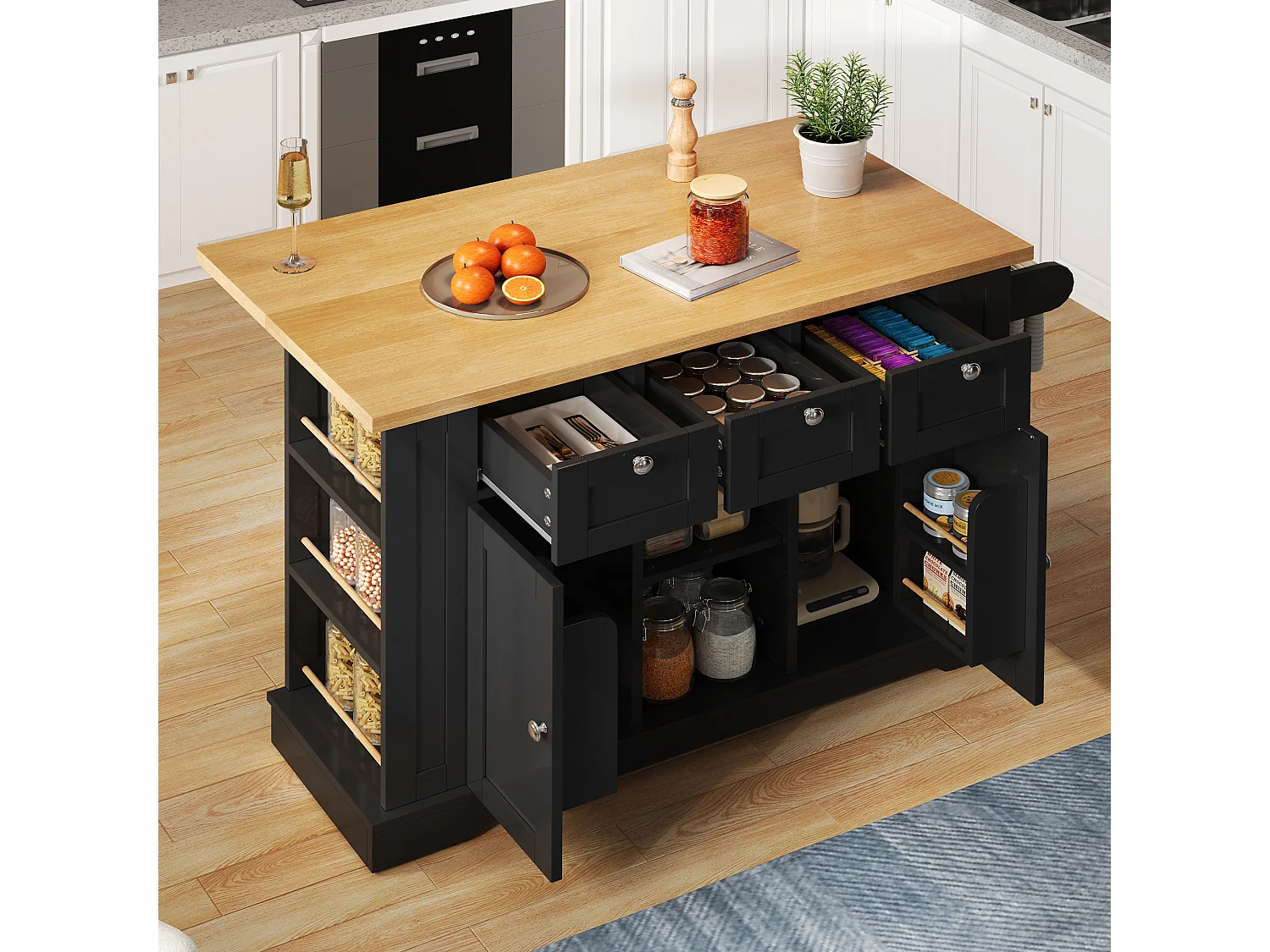 Table cuisine mobile, style campagne, surface rabattable, rangement multifonction, étagères, roulettes (132x70x87 cm)