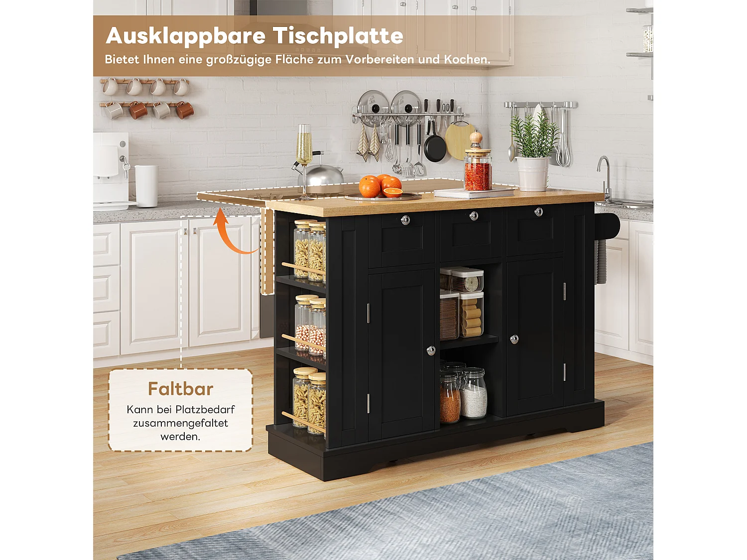 Table cuisine mobile, style campagne, surface rabattable, rangement multifonction, étagères, roulettes (132x70x87 cm)