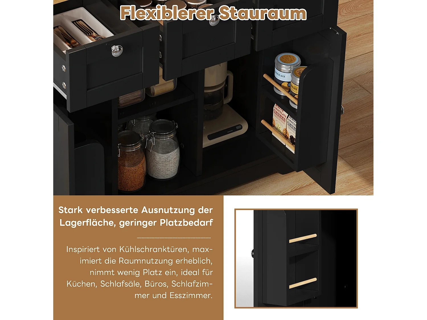 Table cuisine mobile, style campagne, surface rabattable, rangement multifonction, étagères, roulettes (132x70x87 cm)