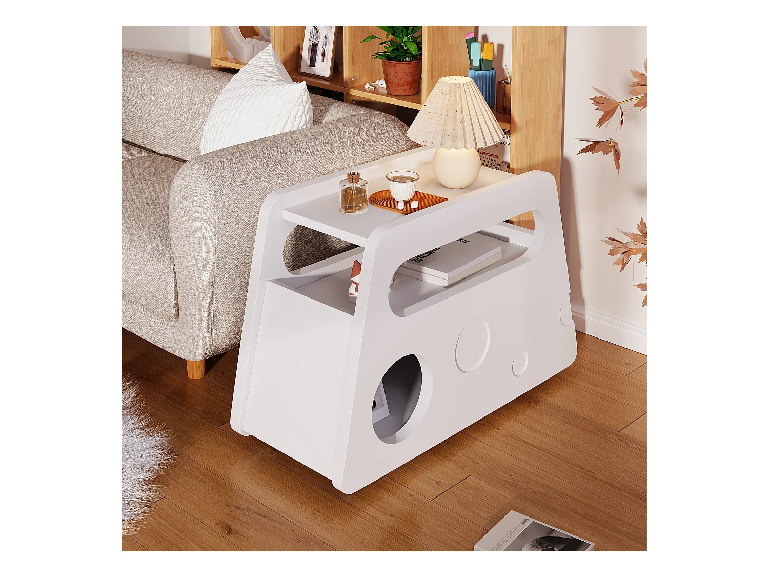 Table d'appoint moderne avec roulettes, design sécurisé, blanc, MDF (81x33x51.5 cm)