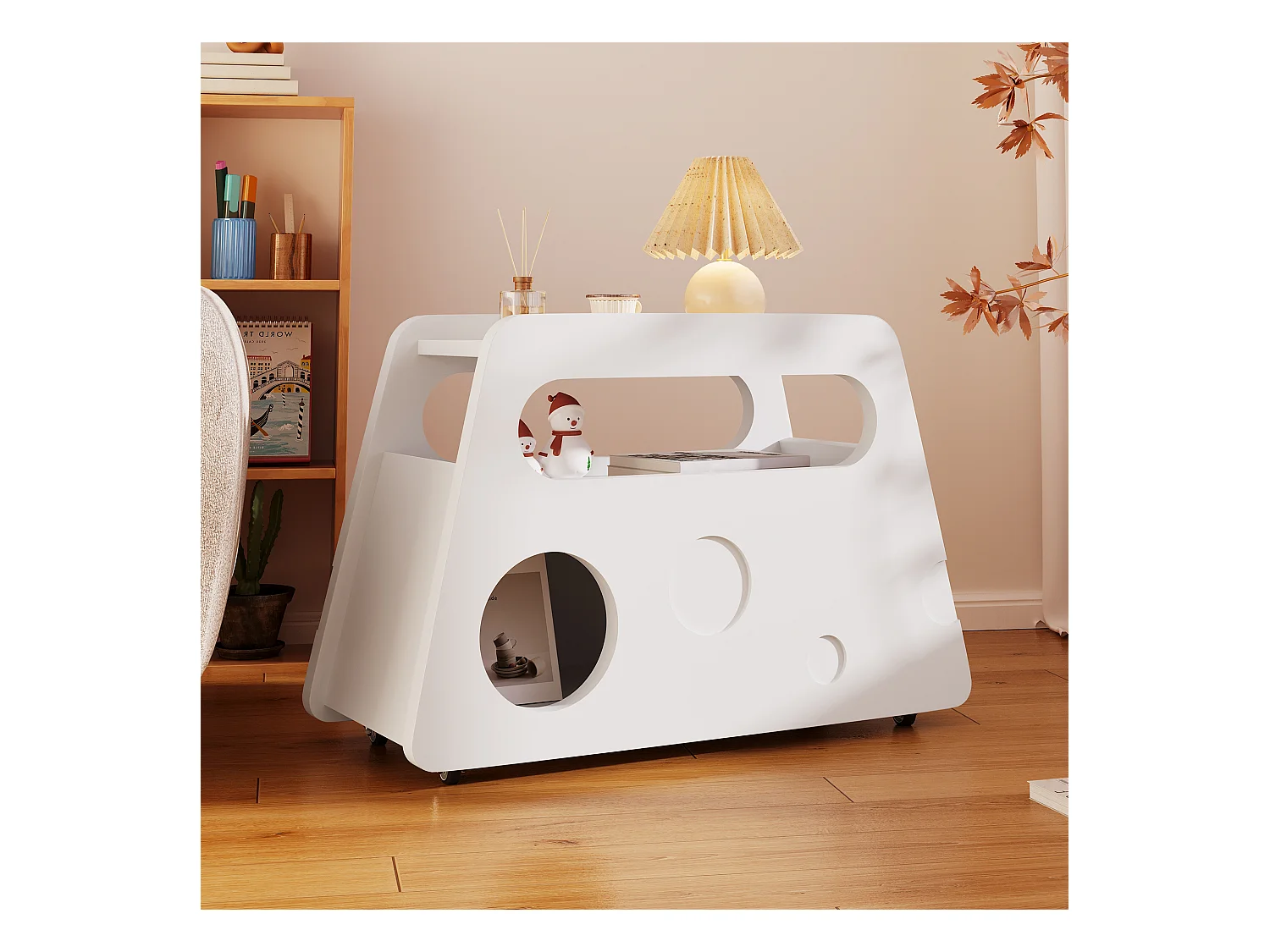 Table d'appoint moderne avec roulettes, design sécurisé, blanc, MDF (81x33x51.5 cm)