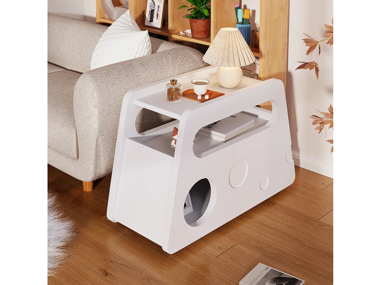 Table d'appoint moderne avec roulettes, design sécurisé, blanc, MDF (81x33x51.5 cm)