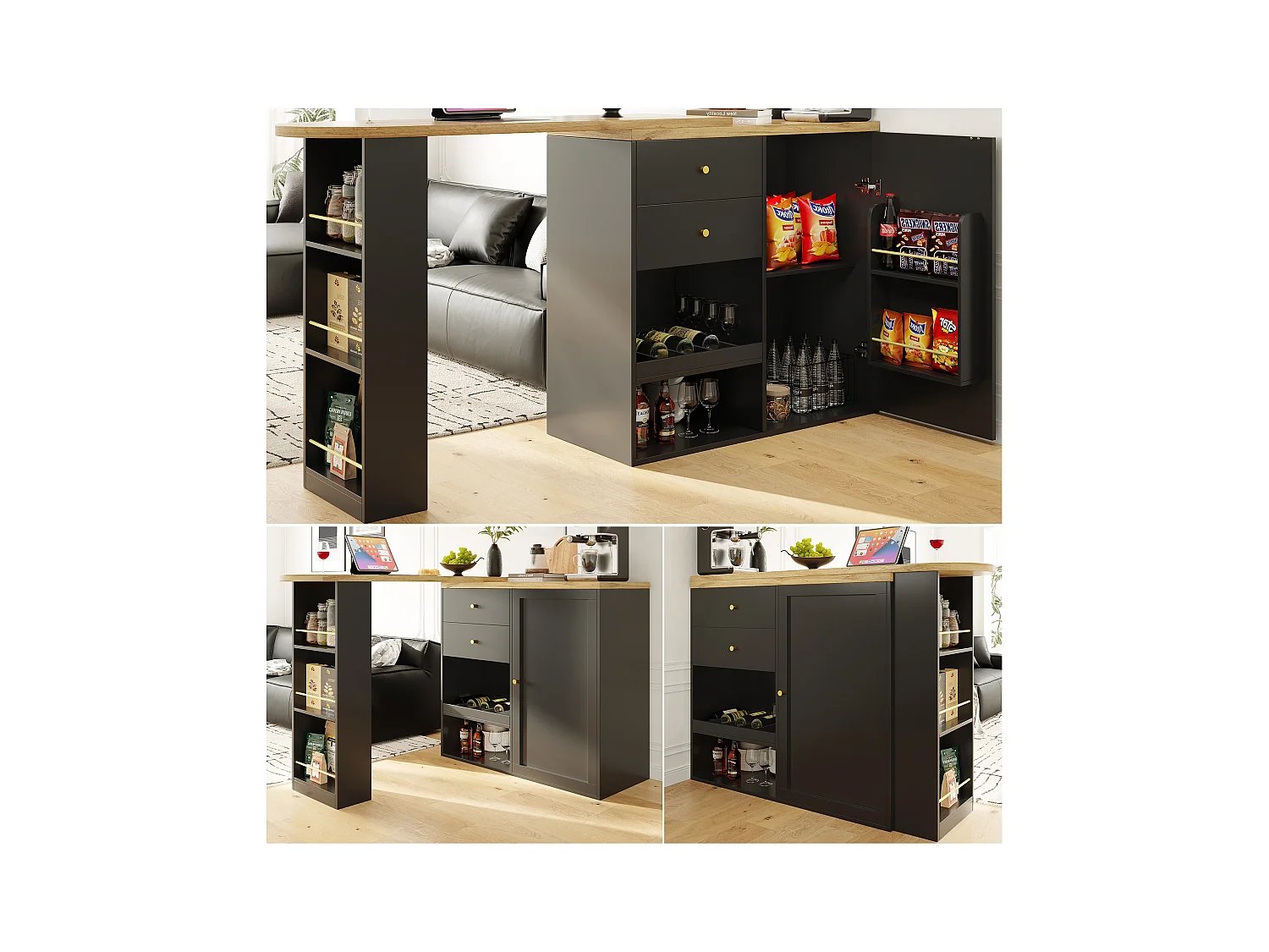 Bar à 360° pivotant, avec 2 tiroirs et porte coulissante, 3 étagères ouvertes, MDF noir, (105x39x102 cm)