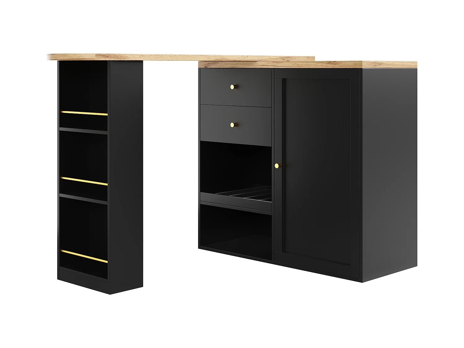 Bar à 360° pivotant, avec 2 tiroirs et porte coulissante, 3 étagères ouvertes, MDF noir, (105x39x102 cm)