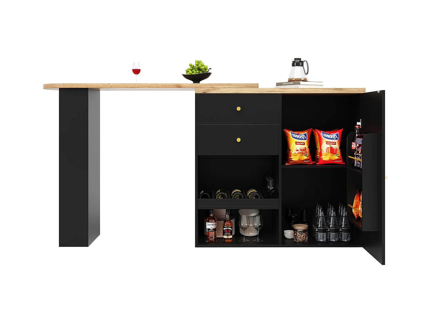 Bar à 360° pivotant, avec 2 tiroirs et porte coulissante, 3 étagères ouvertes, MDF noir, (105x39x102 cm)