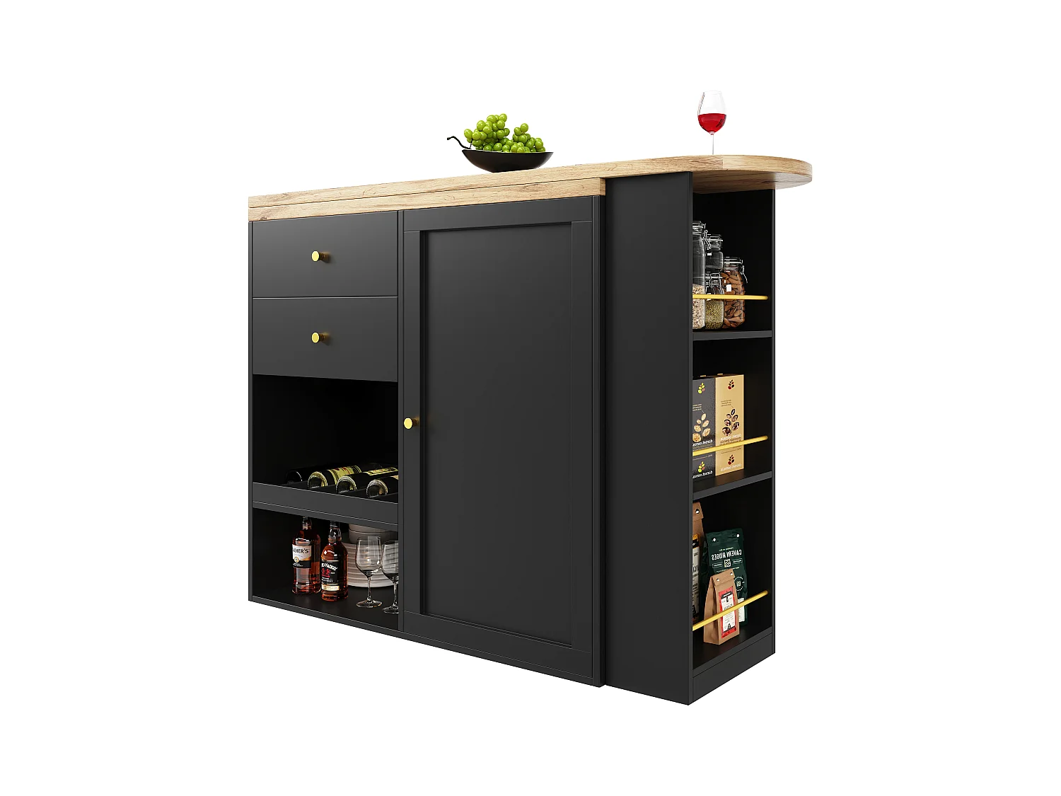 Bar à 360° pivotant, avec 2 tiroirs et porte coulissante, 3 étagères ouvertes, MDF noir, (105x39x102 cm)