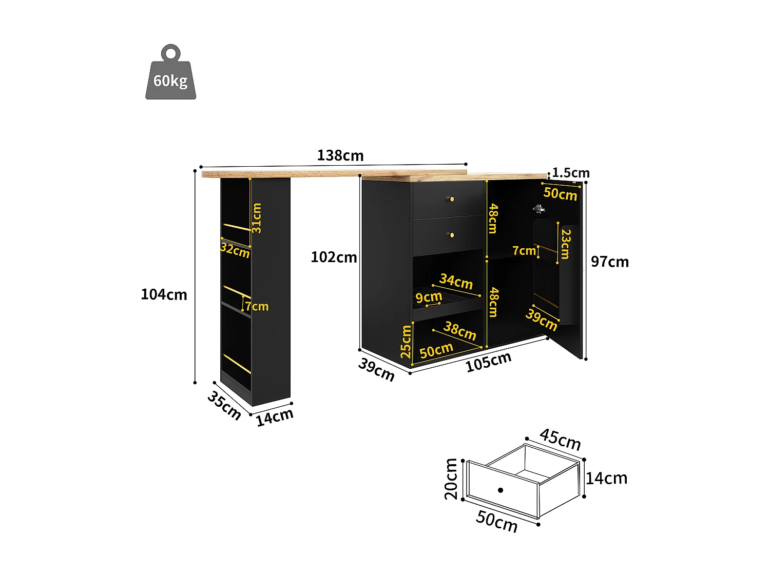 Bar à 360° pivotant, avec 2 tiroirs et porte coulissante, 3 étagères ouvertes, MDF noir, (105x39x102 cm)