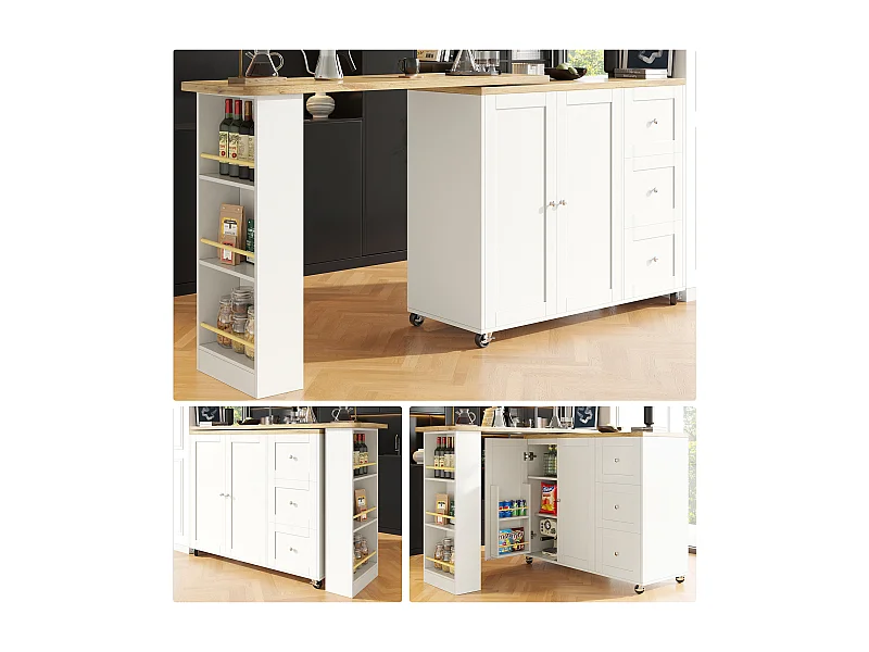 Table Multifonctionnelle Pivotante 360° avec 3 Tiroirs, Design Moderne, MDF, Blanc (135-203x39x106 cm)