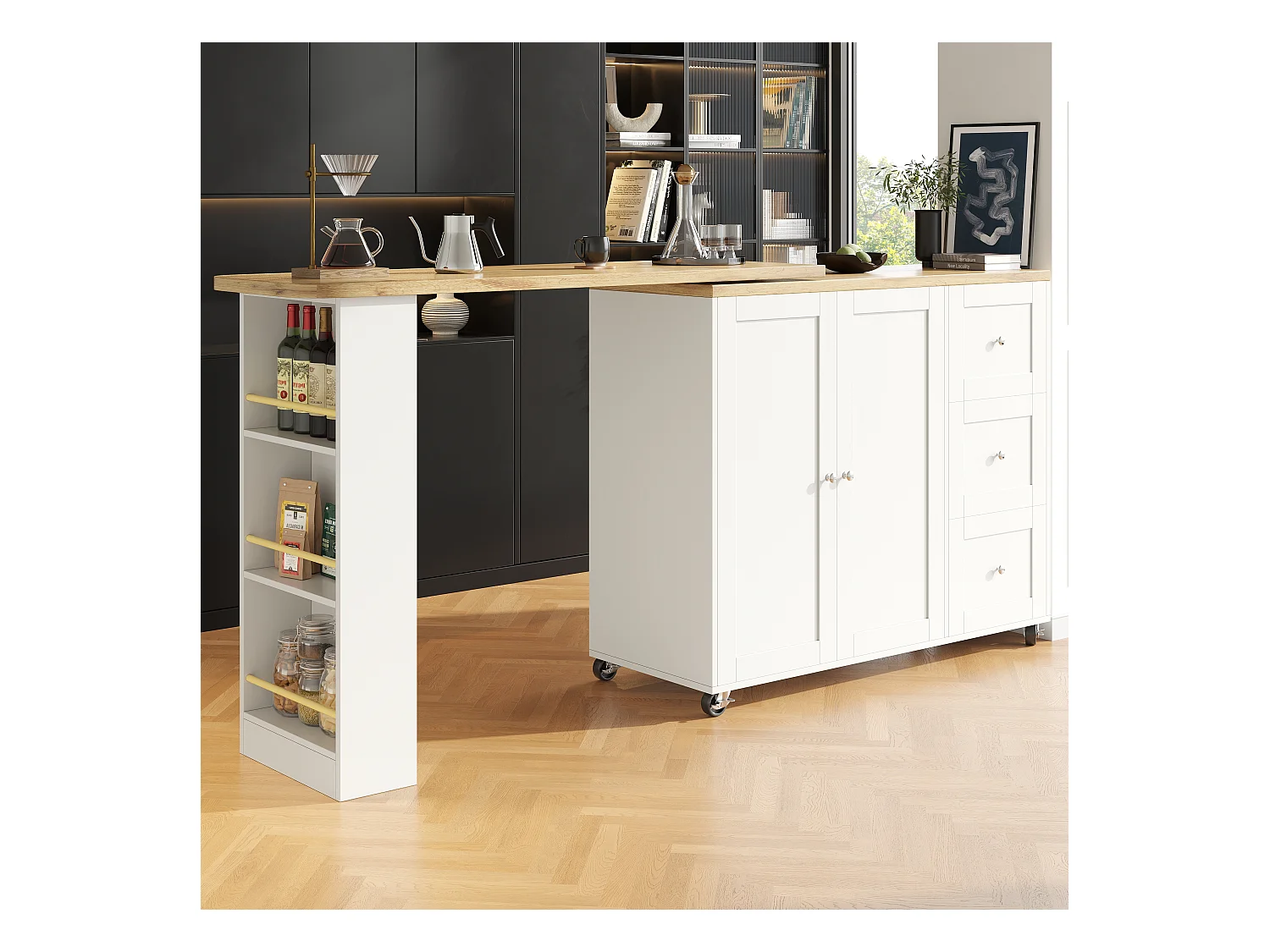 Table Multifonctionnelle Pivotante 360° avec 3 Tiroirs, Design Moderne, MDF, Blanc (135-203x39x106 cm)