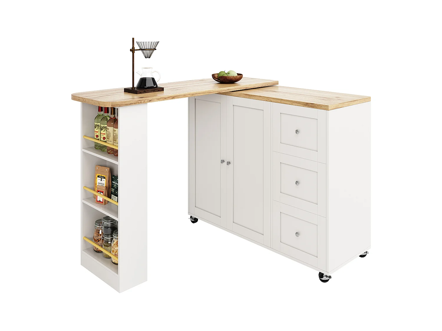 Table Multifonctionnelle Pivotante 360° avec 3 Tiroirs, Design Moderne, MDF, Blanc (135-203x39x106 cm)