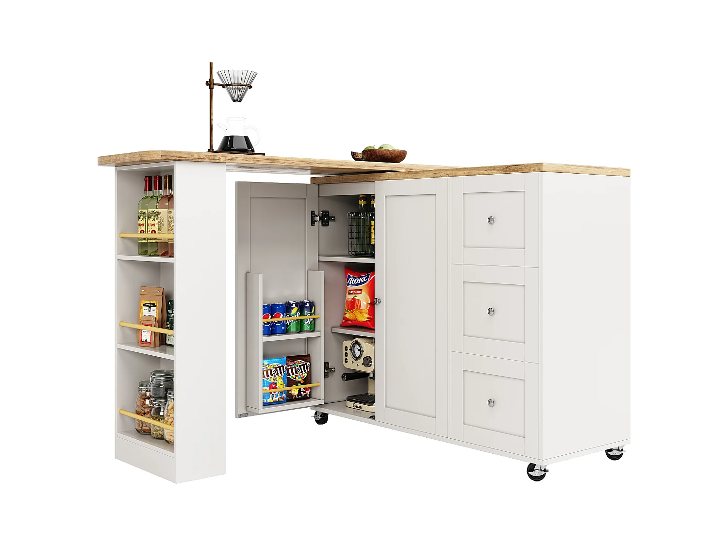 Table Multifonctionnelle Pivotante 360° avec 3 Tiroirs, Design Moderne, MDF, Blanc (135-203x39x106 cm)