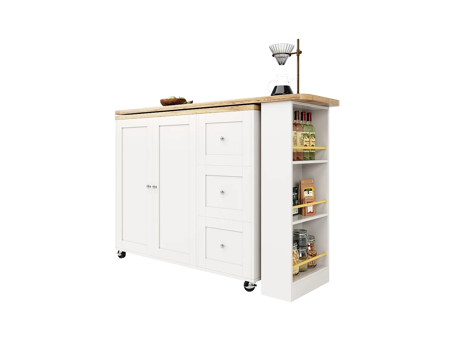 Table Multifonctionnelle Pivotante 360° avec 3 Tiroirs, Design Moderne, MDF, Blanc (135-203x39x106 cm)