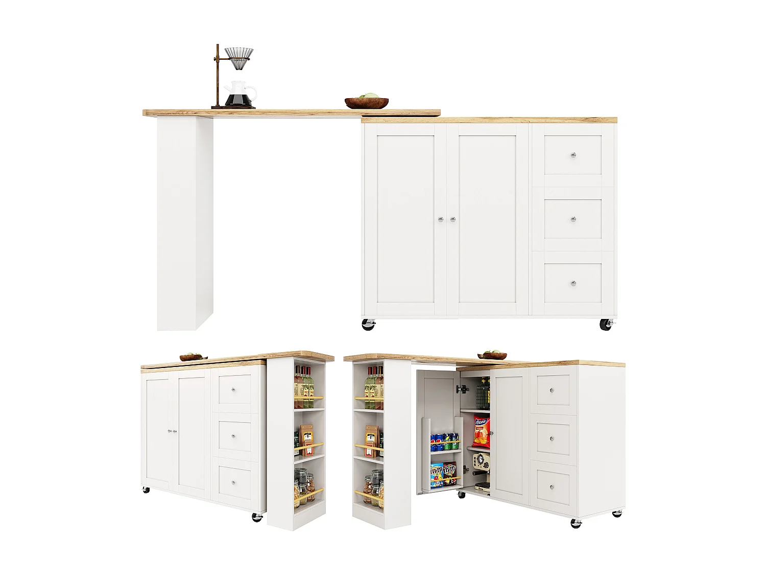 Table Multifonctionnelle Pivotante 360° avec 3 Tiroirs, Design Moderne, MDF, Blanc (135-203x39x106 cm)