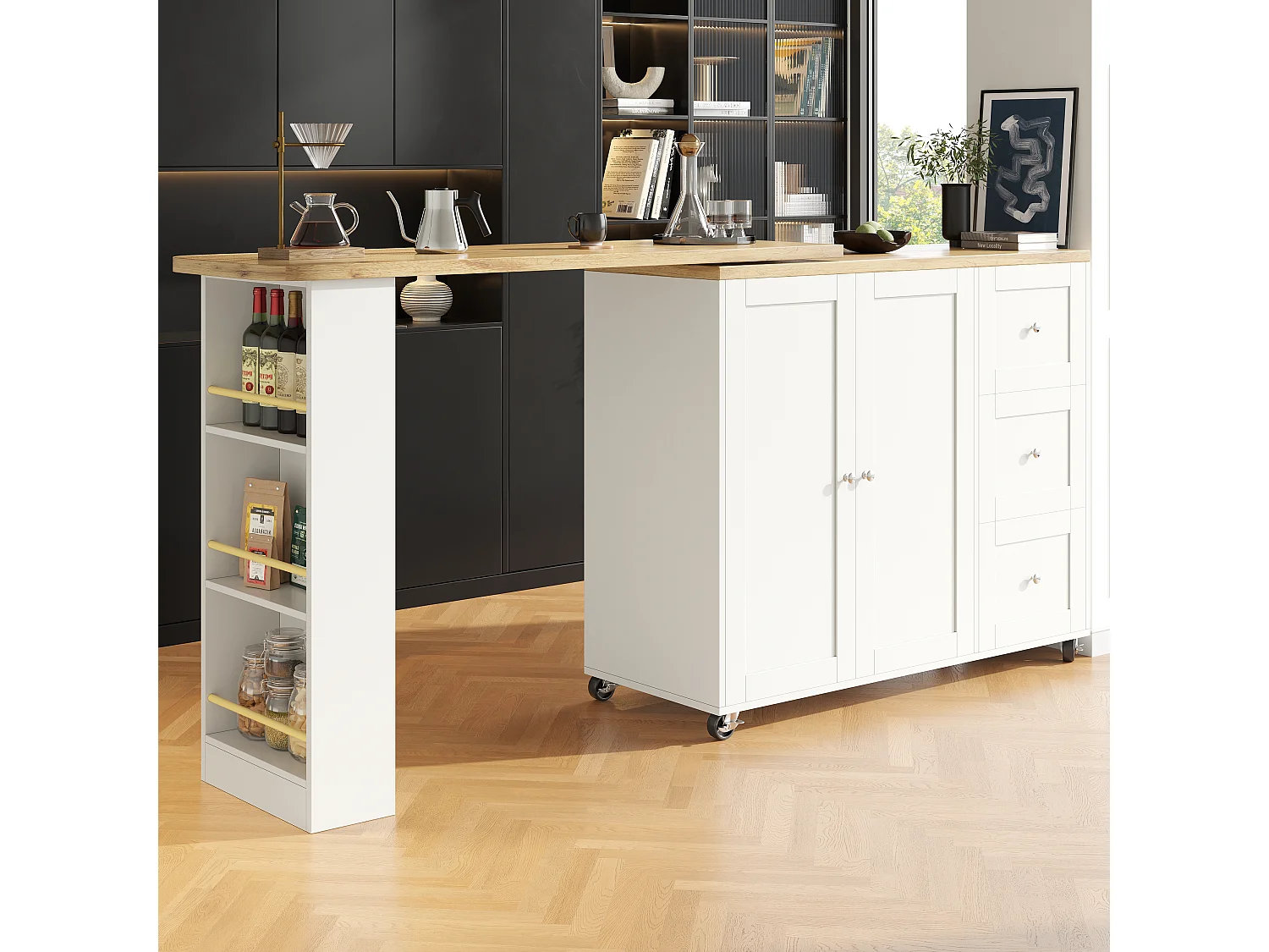 Table Multifonctionnelle Pivotante 360° avec 3 Tiroirs, Design Moderne, MDF, Blanc (135-203x39x106 cm)