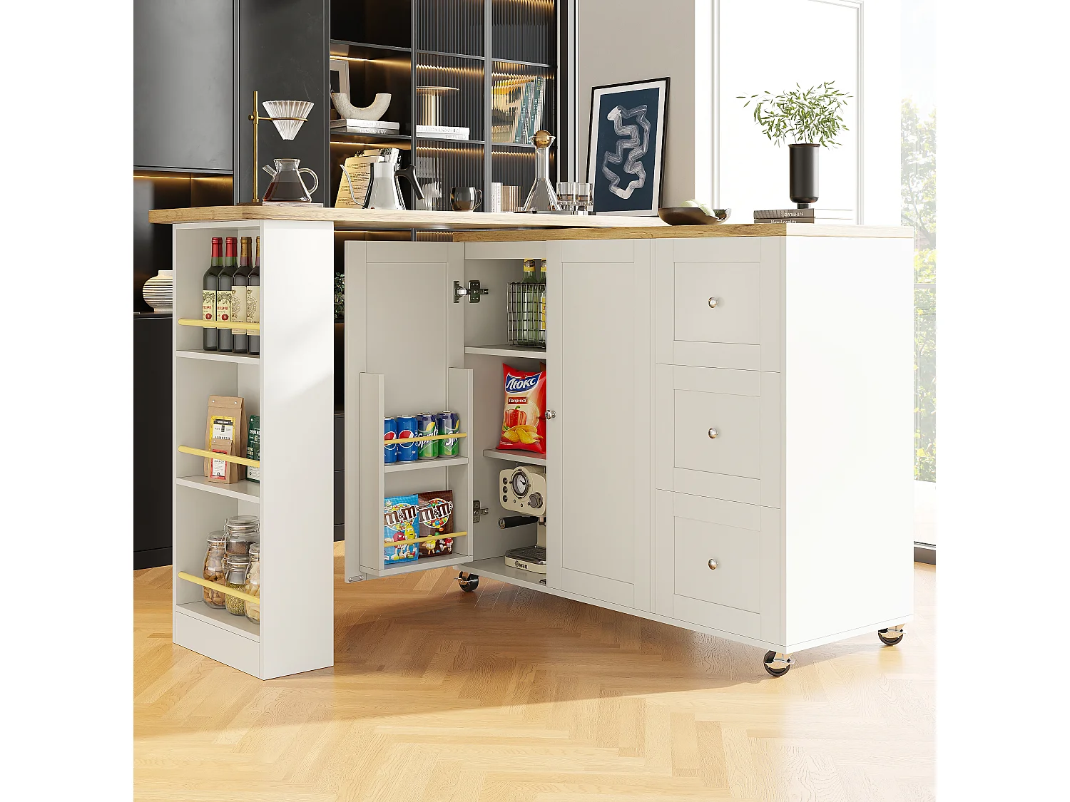 Table Multifonctionnelle Pivotante 360° avec 3 Tiroirs, Design Moderne, MDF, Blanc (135-203x39x106 cm)