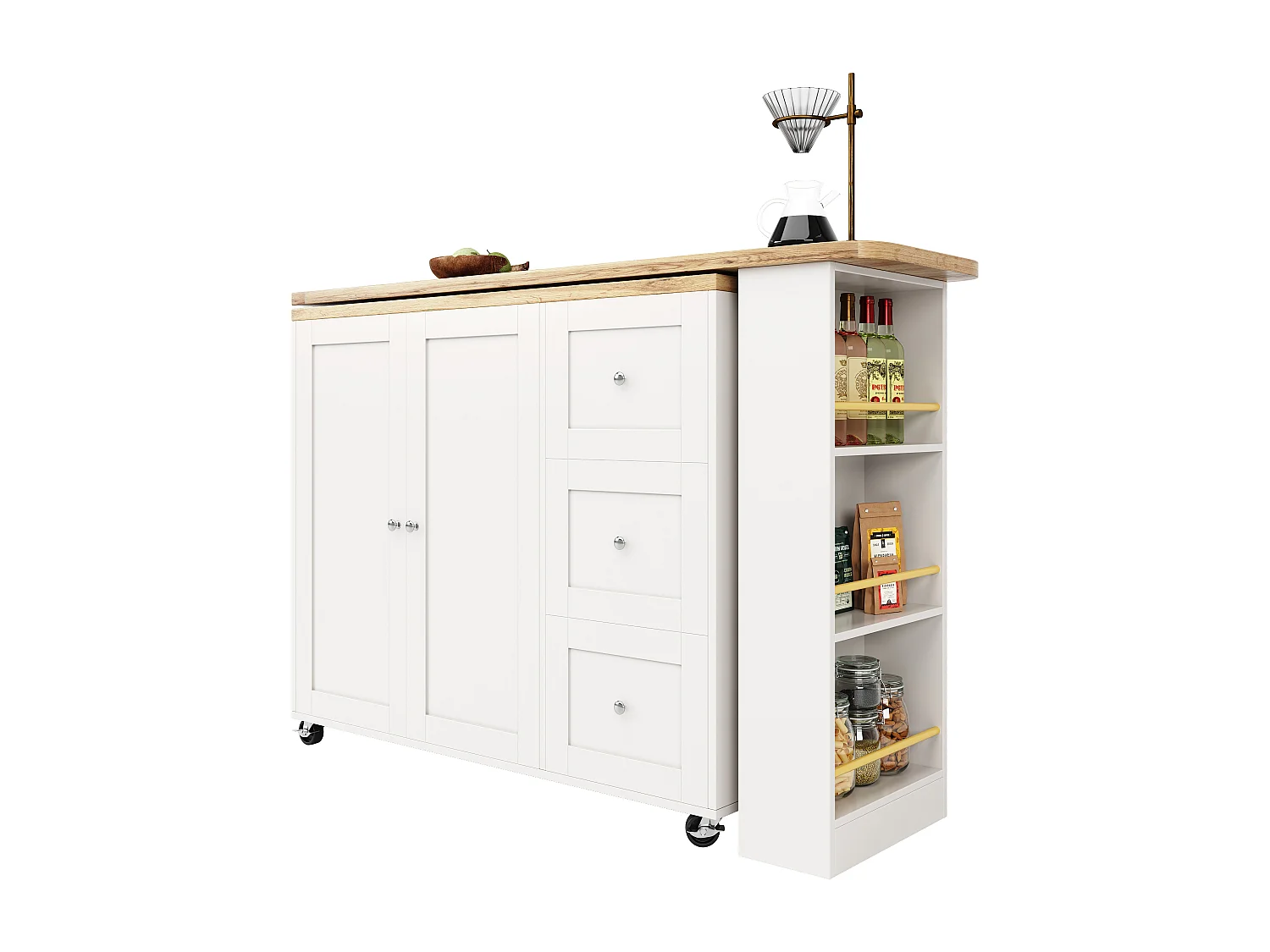 Table Multifonctionnelle Pivotante 360° avec 3 Tiroirs, Design Moderne, MDF, Blanc (135-203x39x106 cm)