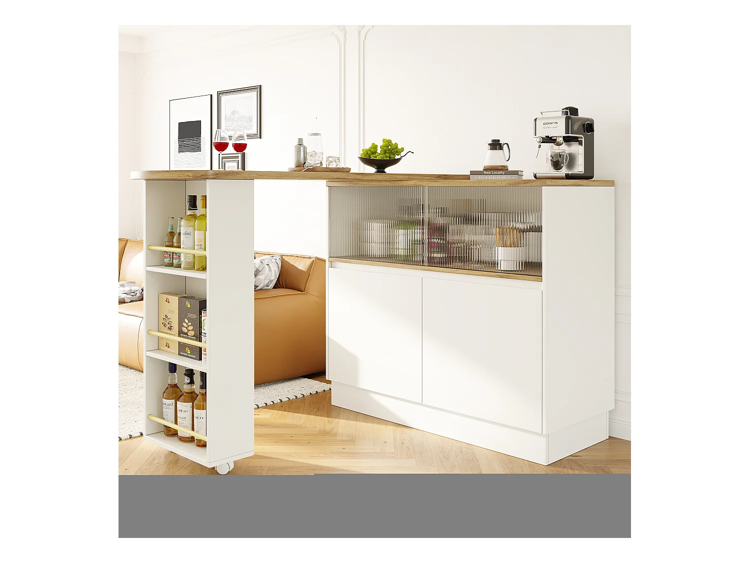 Table à Manger Multifonctionnelle Pivotante 360° + Buffet Blanc avec Compartiment de Rangement, Porte en Verre, MDF (90x45x100 cm)