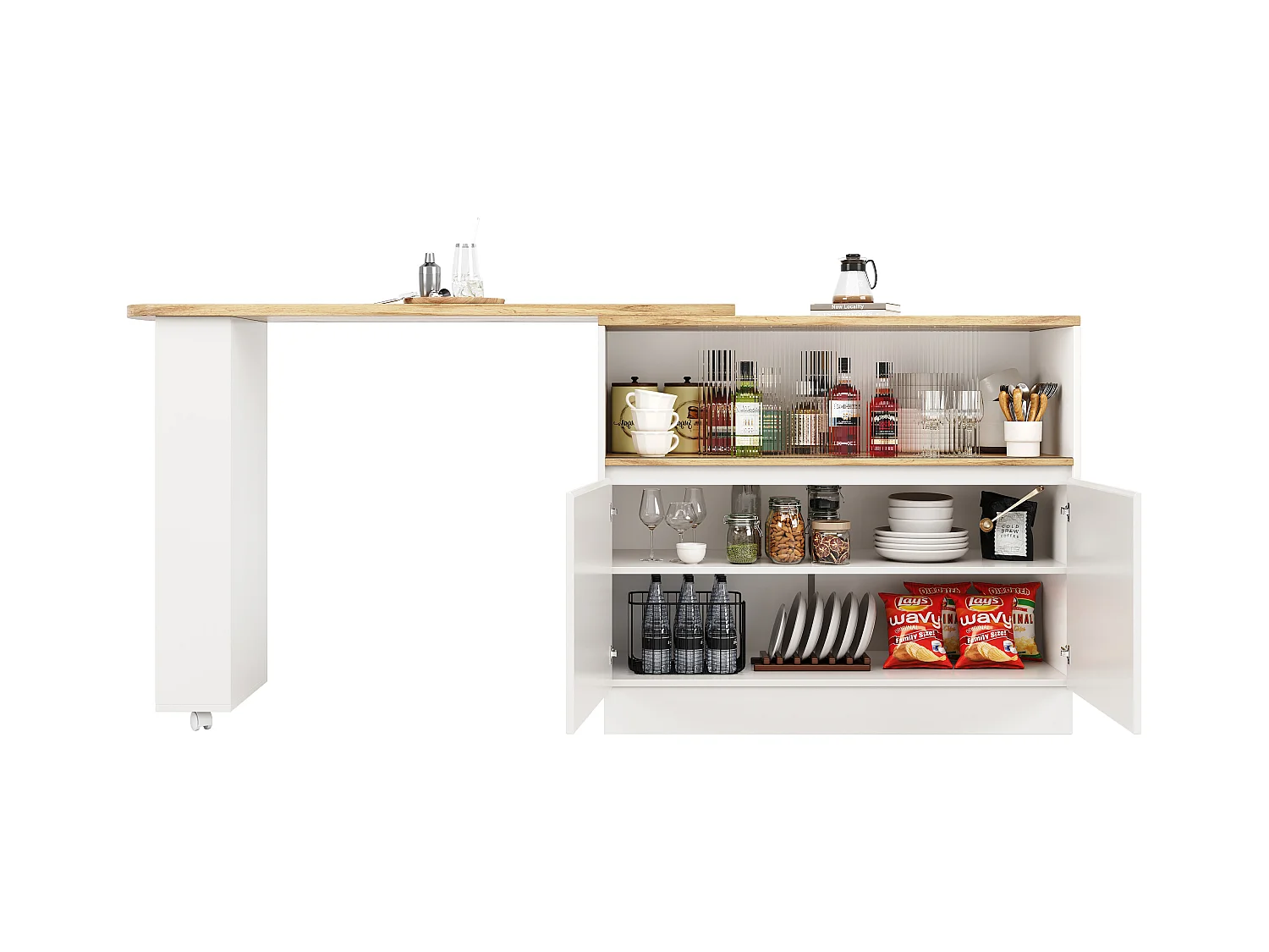 Table à Manger Multifonctionnelle Pivotante 360° + Buffet Blanc avec Compartiment de Rangement, Porte en Verre, MDF (90x45x100 cm)